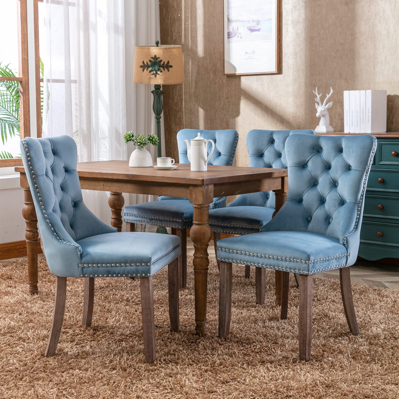 Goujxcy Set of 2 Velvet Tufted Upholstered Dining Chairs with Solid Wood Frame & Nailhead Trim - Light Blue Accent Chairs for Living Room, Bedroom & Coffee Area - Elegant High Back Seating for Dining & Leisure