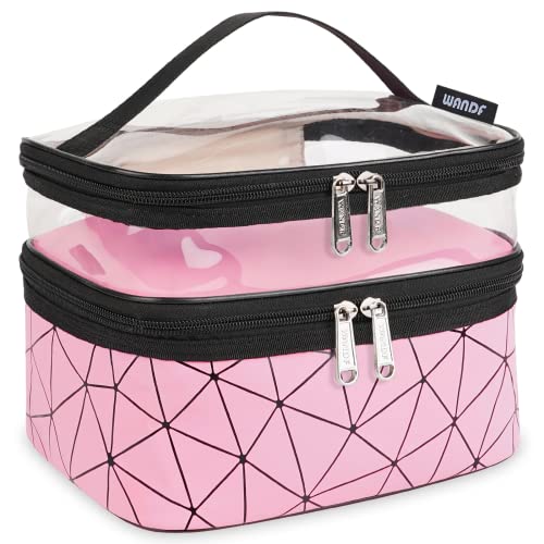 WANDF Double Layer Travel Makeup Bag - Waterproof Cosmetic Organizer & Toiletry Case for Women (Dark Pink) | Perfect for Air Travel, Gym, Beach & Daily Essentials Storage
