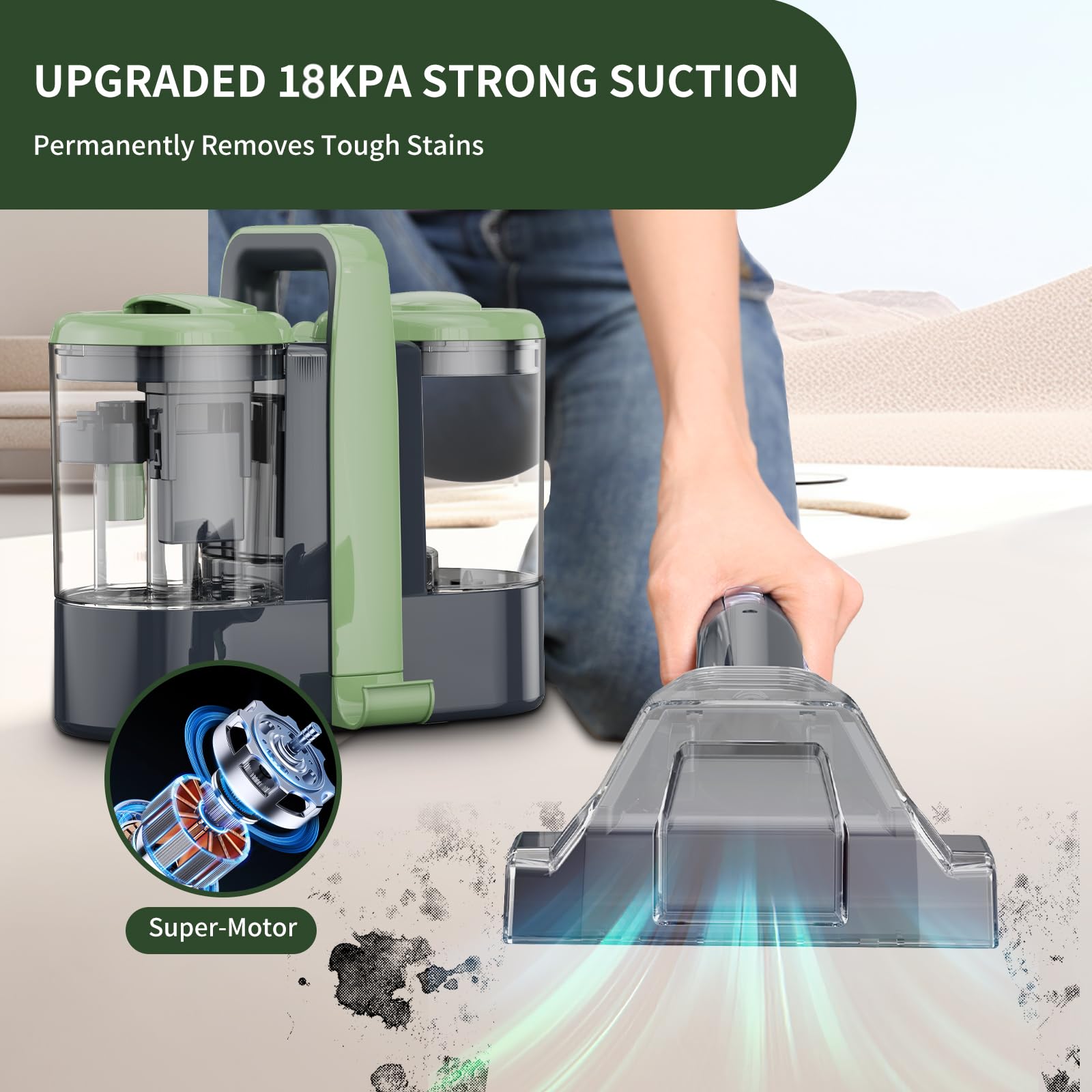 18Kpa Portable Carpet & Upholstery Cleaner Machine - 500W Powerful Suction Deep Cleaner for Pet Stains, Sofa, Car Seats - Ideal for Home, Office & Auto Detailing