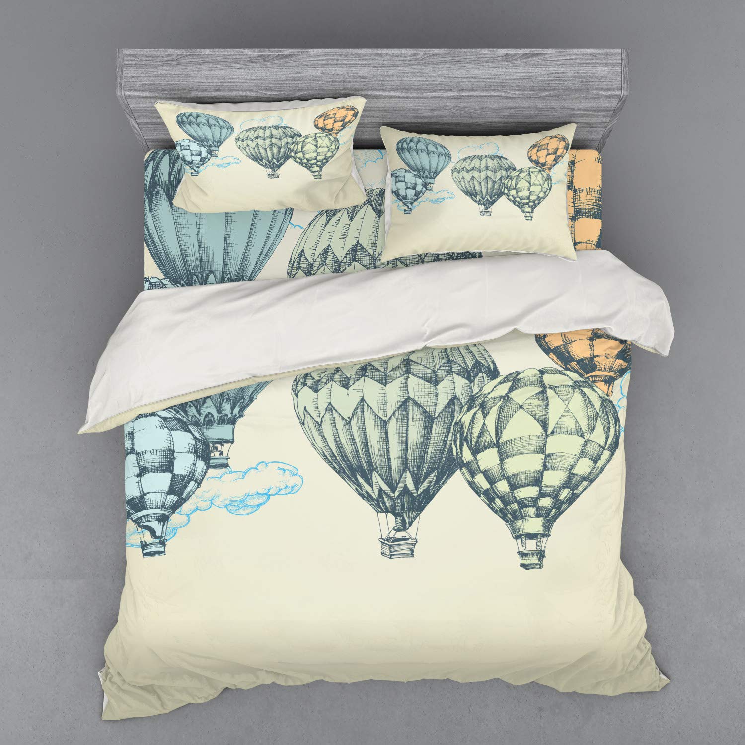 Ambesonne Vintage Bedding Set - King Size 4-Piece Duvet Cover with Shams & Fitted Sheet, Soft Tone Hot Air Balloon Sky Print in Green & Blue | Perfect for Guest Rooms, Vacation Homes & Boho Bedroom Decor