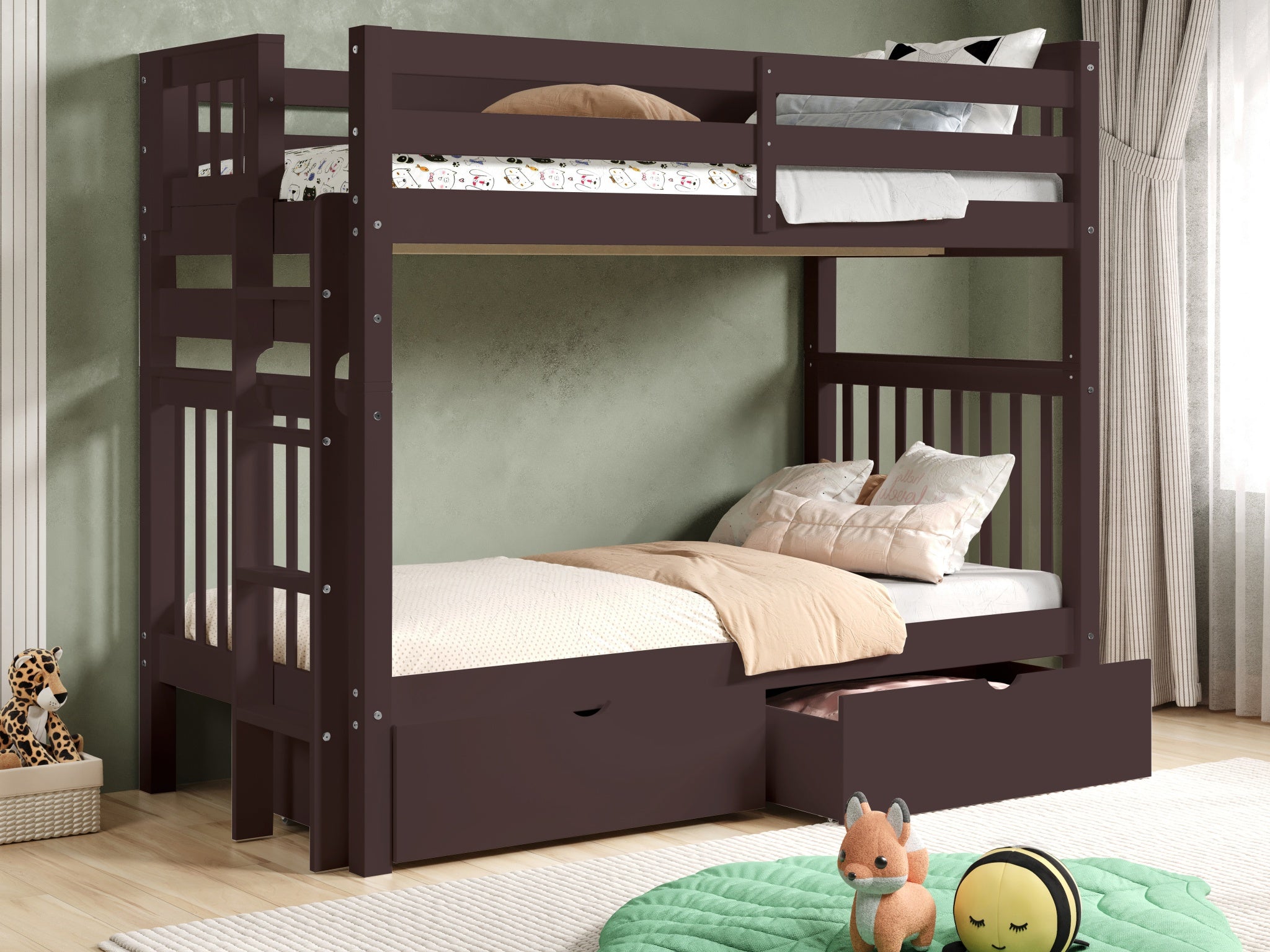 Twin Over Twin Bunk Bed with 2 Drawers - Dark Cherry Finish, Space-Saving Kids Bedroom Furniture for Small Rooms & Shared Spaces