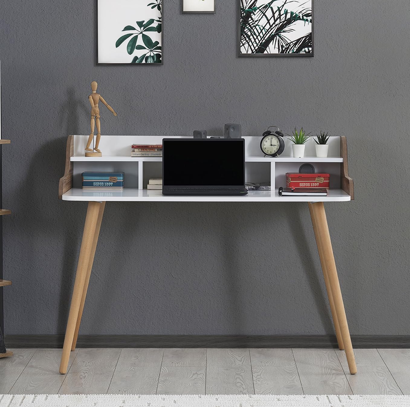 Solid Wood Study Desk for Gaming & Home Office - Heavy Duty Computer Desk with Shelves