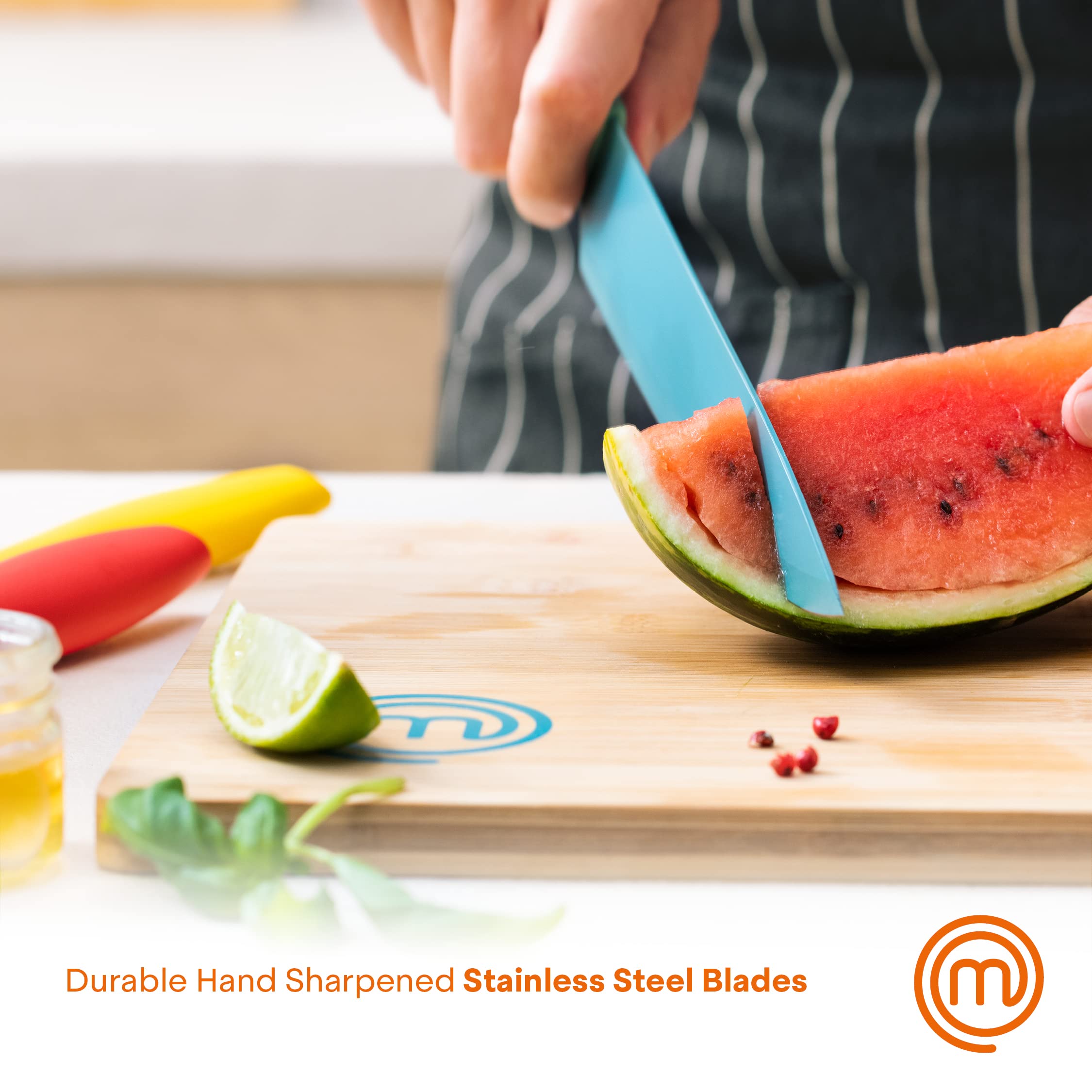 MasterChef 12-Piece Premium Kitchen Knife Set with Protective Covers - Includes Paring, Boning, Carving, Bread, Santoku & Chef Knives - Razor-Sharp Stainless Steel Blades with Sheaths (6 Colorful Knives + 6 Covers) - Perfect for Home Cooking, Professional Chefs & Culinary Enthusiasts