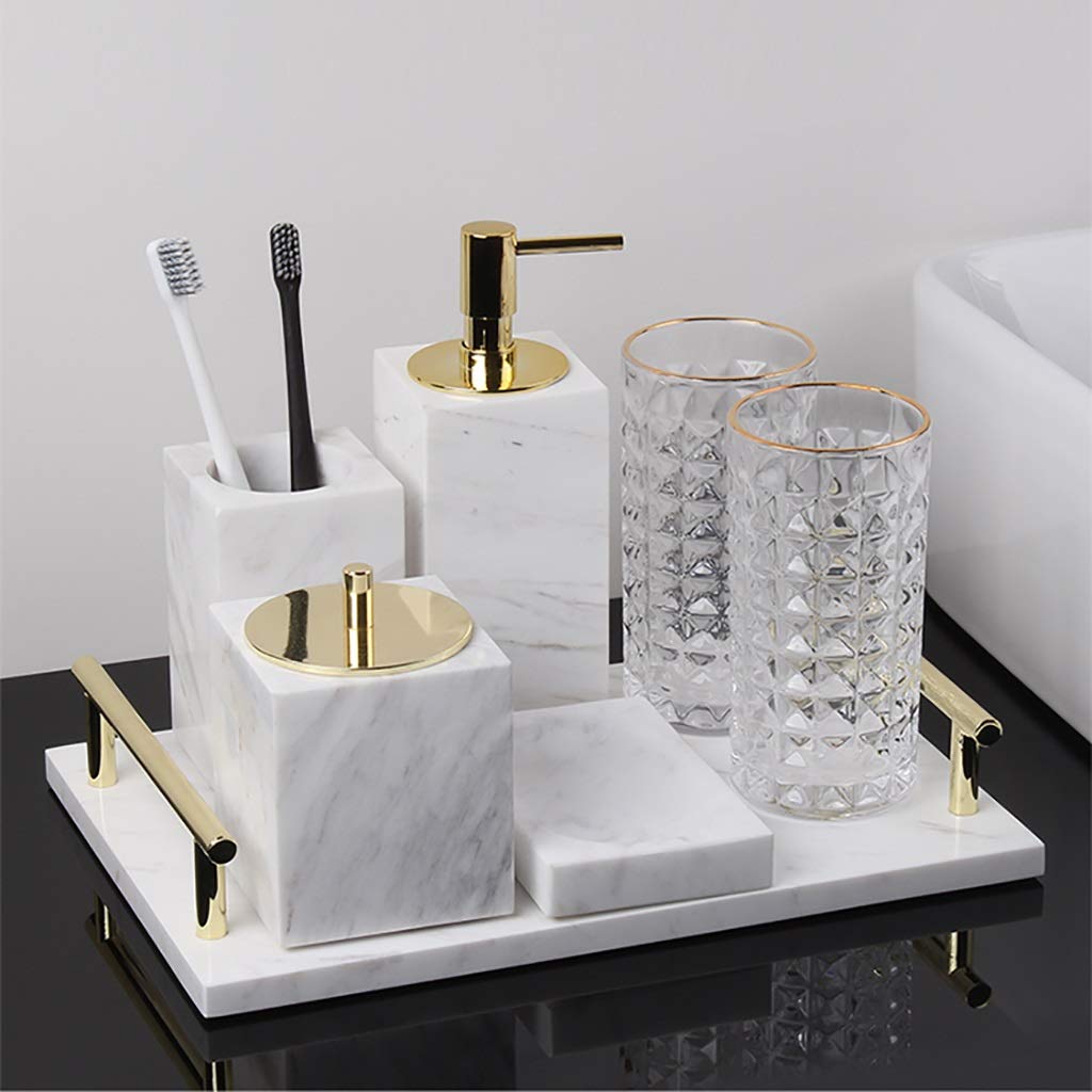 Luxury 7-Piece Marble Bathroom Accessory Set - Soap Dispenser, Toothbrush Holder, Tumbler, Soap Dish, Cotton Swab Box & Tray | Elegant Home Decor Gift for Bathroom Organization & Spa-Like Experience