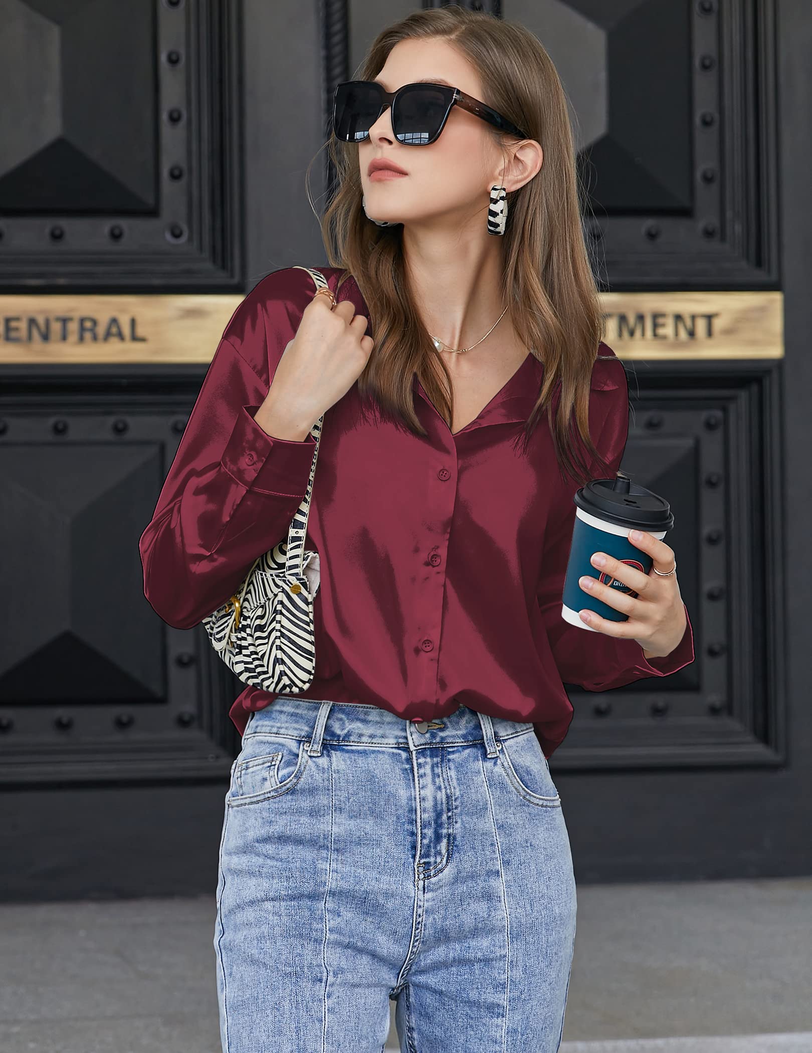 Chigant Women's Satin Silk Blouse - Button Down Long Sleeve Shirt for Office Work & Casual Wear - Elegant Loose Tunic Top for Business Meetings, Date Nights and Professional Occasions