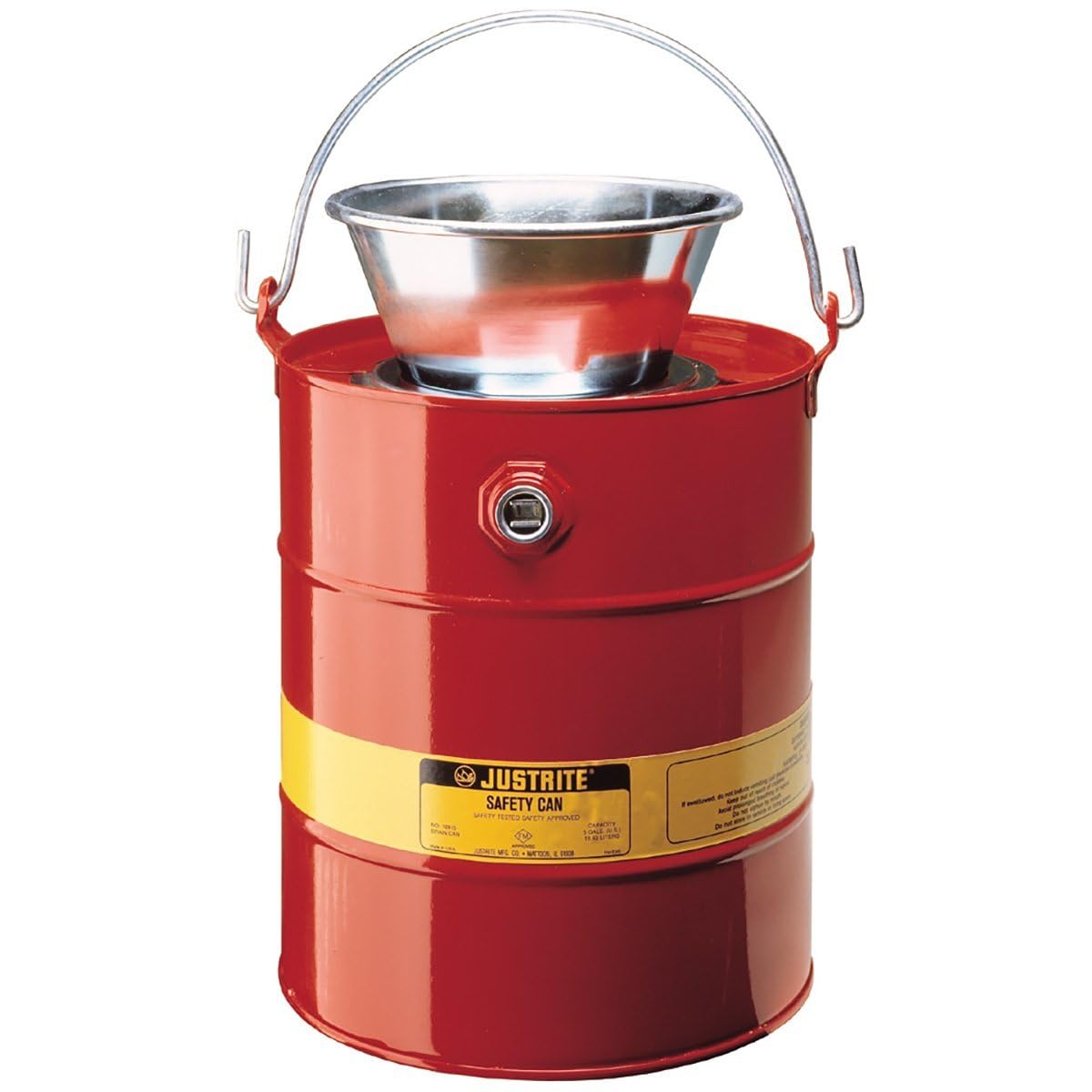 Justrite 10905 19L (5 Gallon) Steel Drain Can with Plated Steel Funnel - Heavy Duty Oil & Chemical Storage for Garage, Workshop & Industrial Use