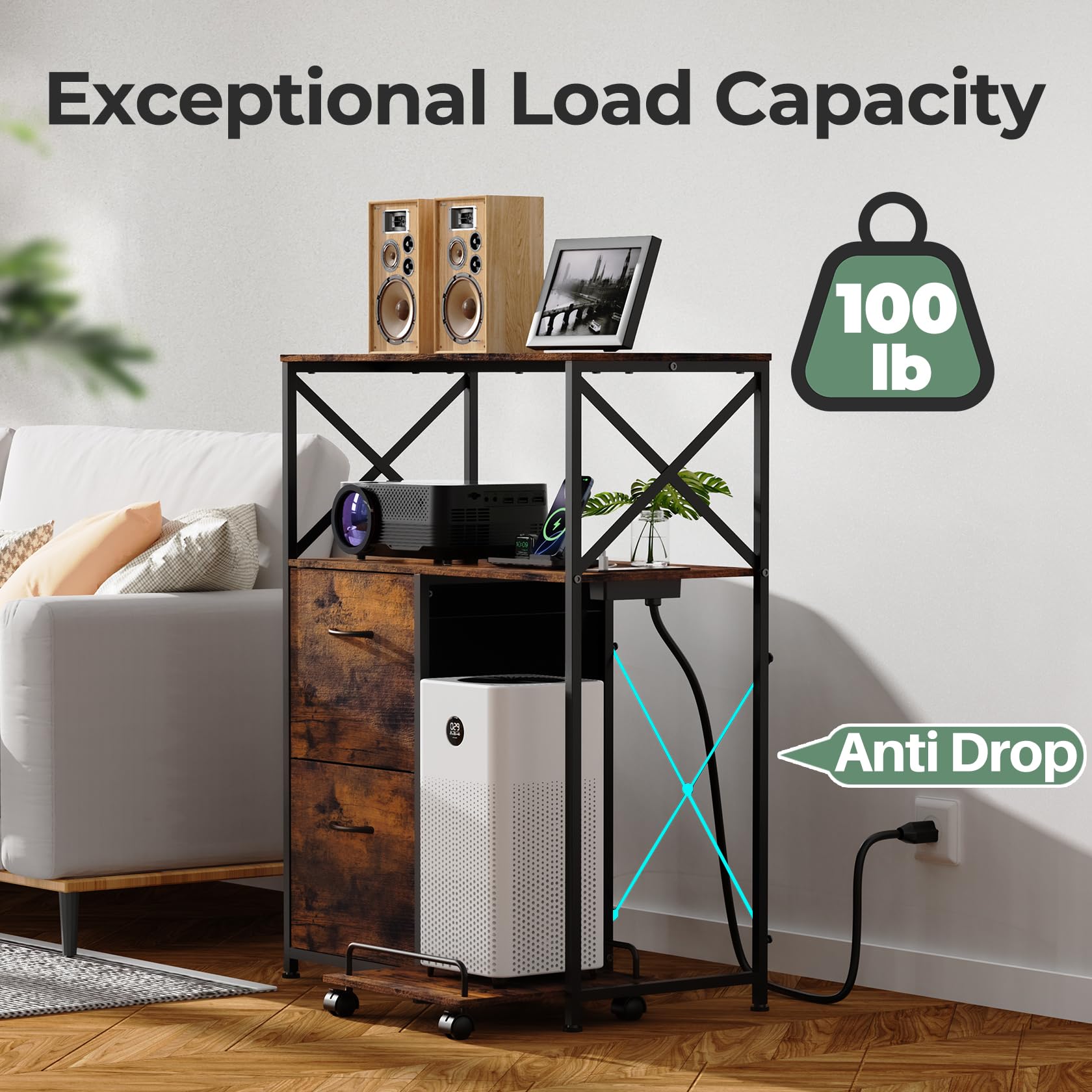 2 Drawer File Cabinet with Charging Station - Vertical Office Storage & Printer Stand for Home & Workspace - Organize PC Tower, Host Computer & Documents - Perfect for Small Offices & Remote Work