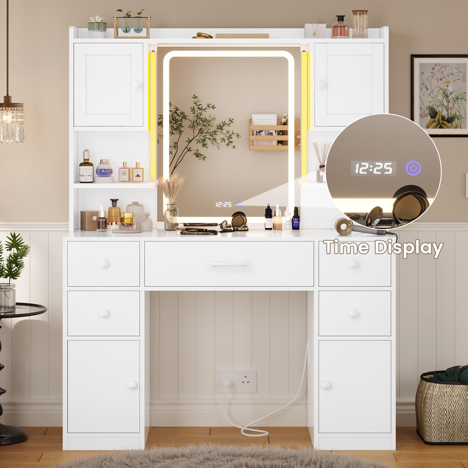 Tiptiper Large Vanity Desk with Mirror & LED Lights - Makeup Vanity Table with USB Charging Station, Smart Mirror with Time Display & 5 Storage Drawers - Perfect for Bedroom, Dressing Room & Home Salon (White)
