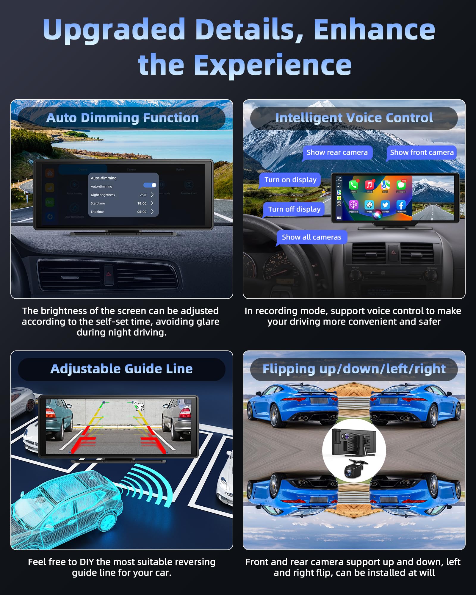 10.26 Inch Apple CarPlay Android Auto Touchscreen Display with Adjustable 2.5K Dashcam, Wireless Driveplay, Rearview Camera, Bluetooth, Mirror Link & 64GB TF Card - Perfect for Car Entertainment and Safe Driving