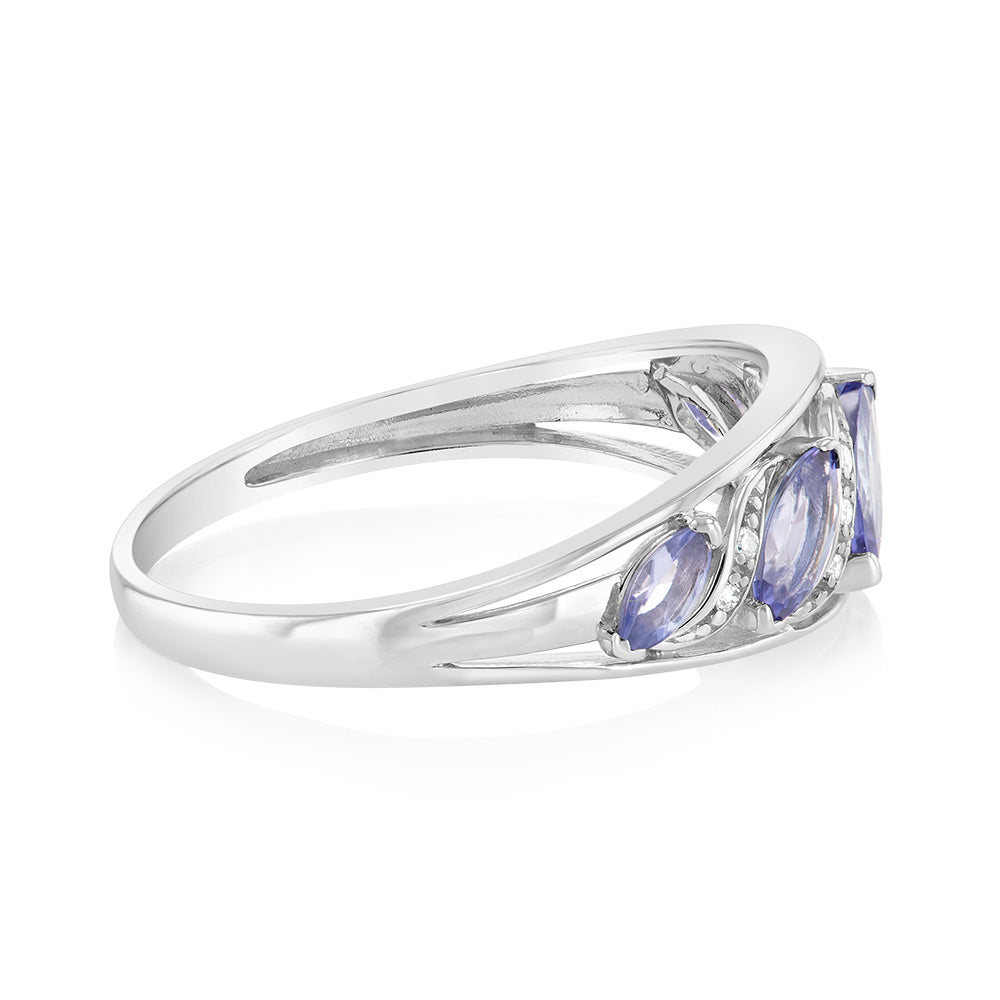 6 Marquise Cut Tanzanite & 10 Diamond Ring in 9K White Gold - Elegant Engagement, Wedding & Anniversary Jewelry Gift