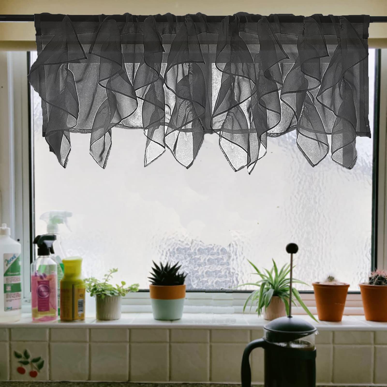 PearAge Ruffled Voile Semi-Sheer Curtain Valance - 50x16 Inches, Black Shabby Chic Window Treatment for Kitchen, Living Room & Girls Bedroom - Elegant Cascade Ruffle Design for Cozy Home Decor