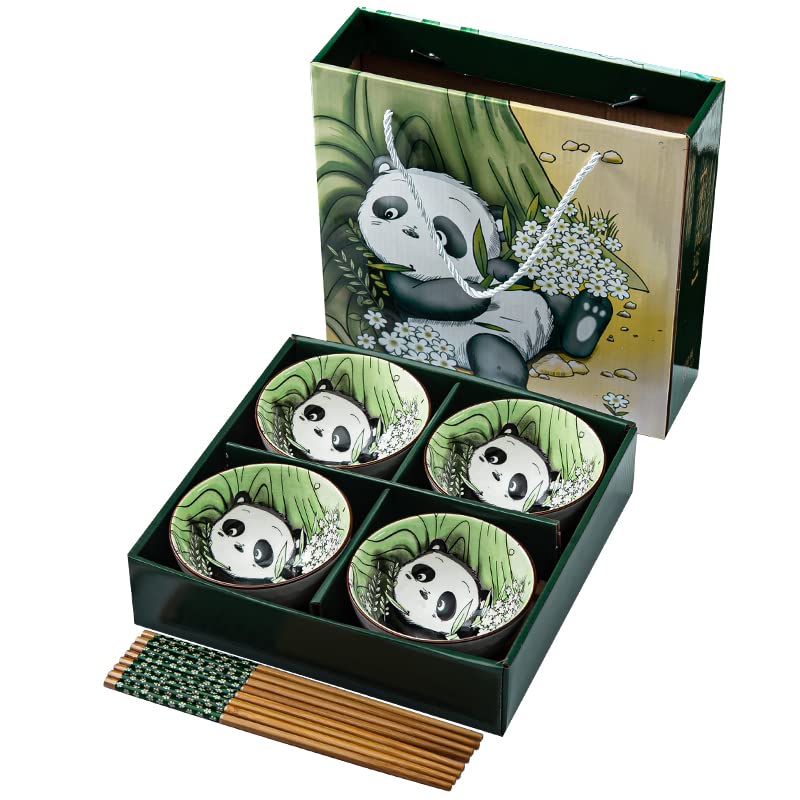 4pcs Cute Panda Ceramic Rice Bowls with Chopsticks - Asian Style Soup Noodle Dessert Bowls for Home Dining & Party Serving | Perfect for Ramen, Ice Cream, and Rice Dishes