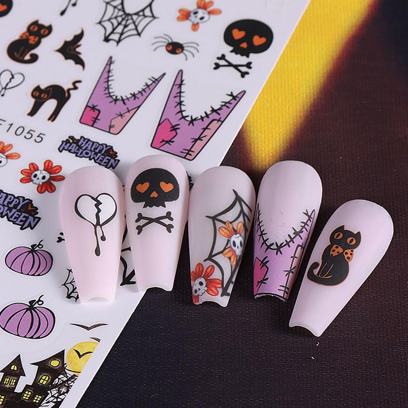 4Pcs Halloween Nail Stickers - Scary Ghost, Pumpkin, Spider, Bat & Skull Designs for Nail Art - French Tip Gel Nail Decals - Perfect for Halloween Parties, Costume Events & Spooky Nail Decorations
