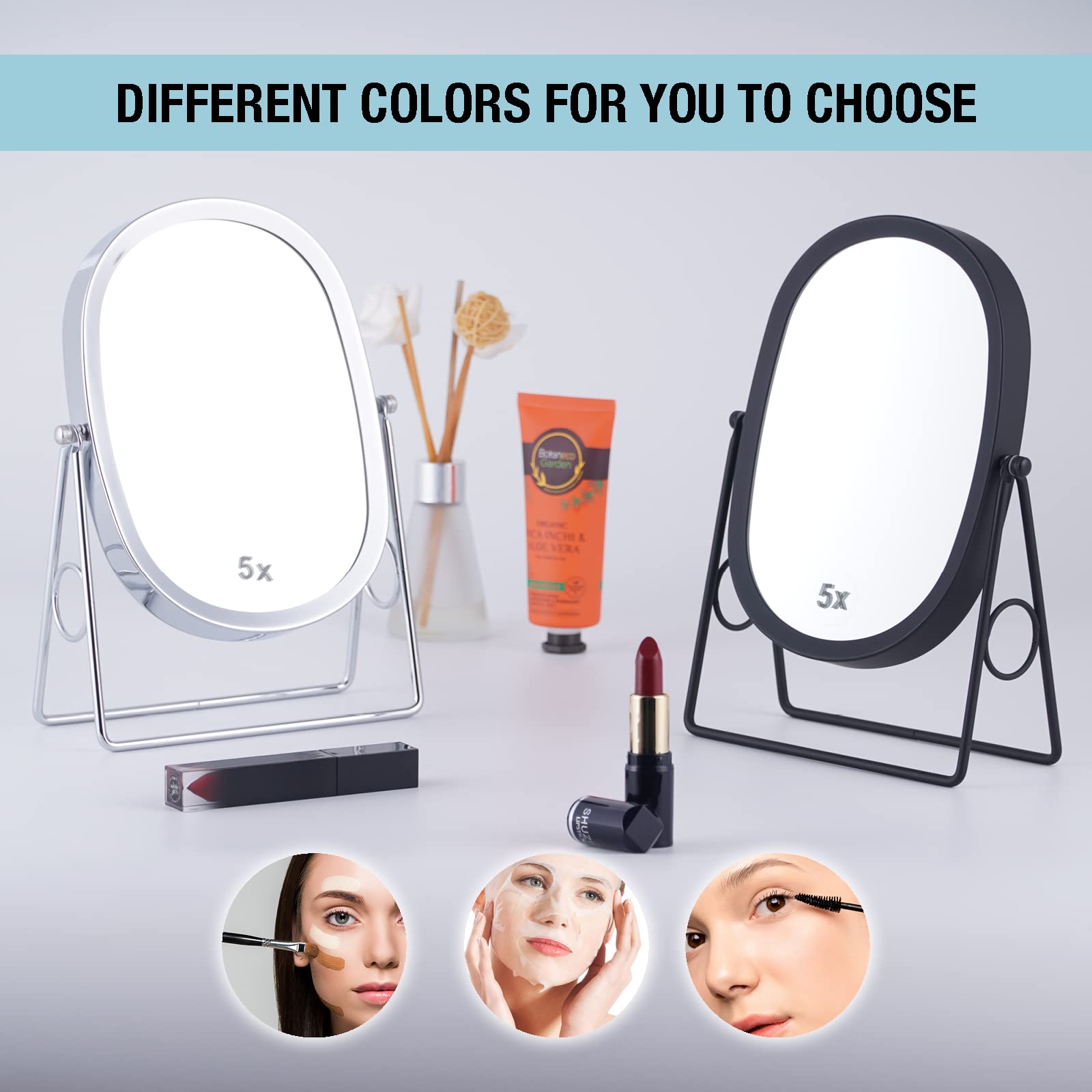 JOYOEIKON Classic Dual Sided 5X & 1X Magnifying Makeup Mirror with 360° Rotation - Vanity Mirror for Tabletop or Standing Use - Matt Black Cosmetic Mirror for Makeup Application, Skincare, and Grooming