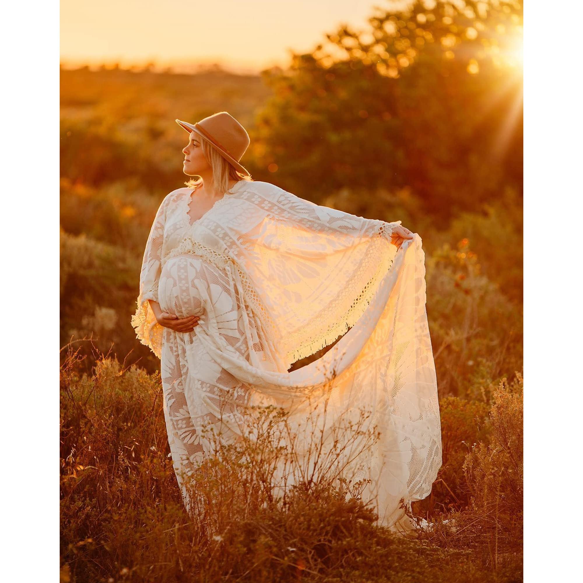 Boho Lace Maternity Dress for Photoshoot - V-Neck Pregnancy Gown for Baby Shower & Maternity Photography - Flowy Elegant Dress for Expecting Mothers (Perfect for Outdoor Maternity Photos, Bridal Showers & Special Occasions)