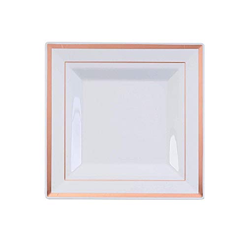 30-Pack 7-Inch White Plastic Square Plates with Rose Gold Trim - Elegant Disposable Tableware for Wedding, Party, Reception & Catering Events - Perfect for Elegant Dining & Special Occasions