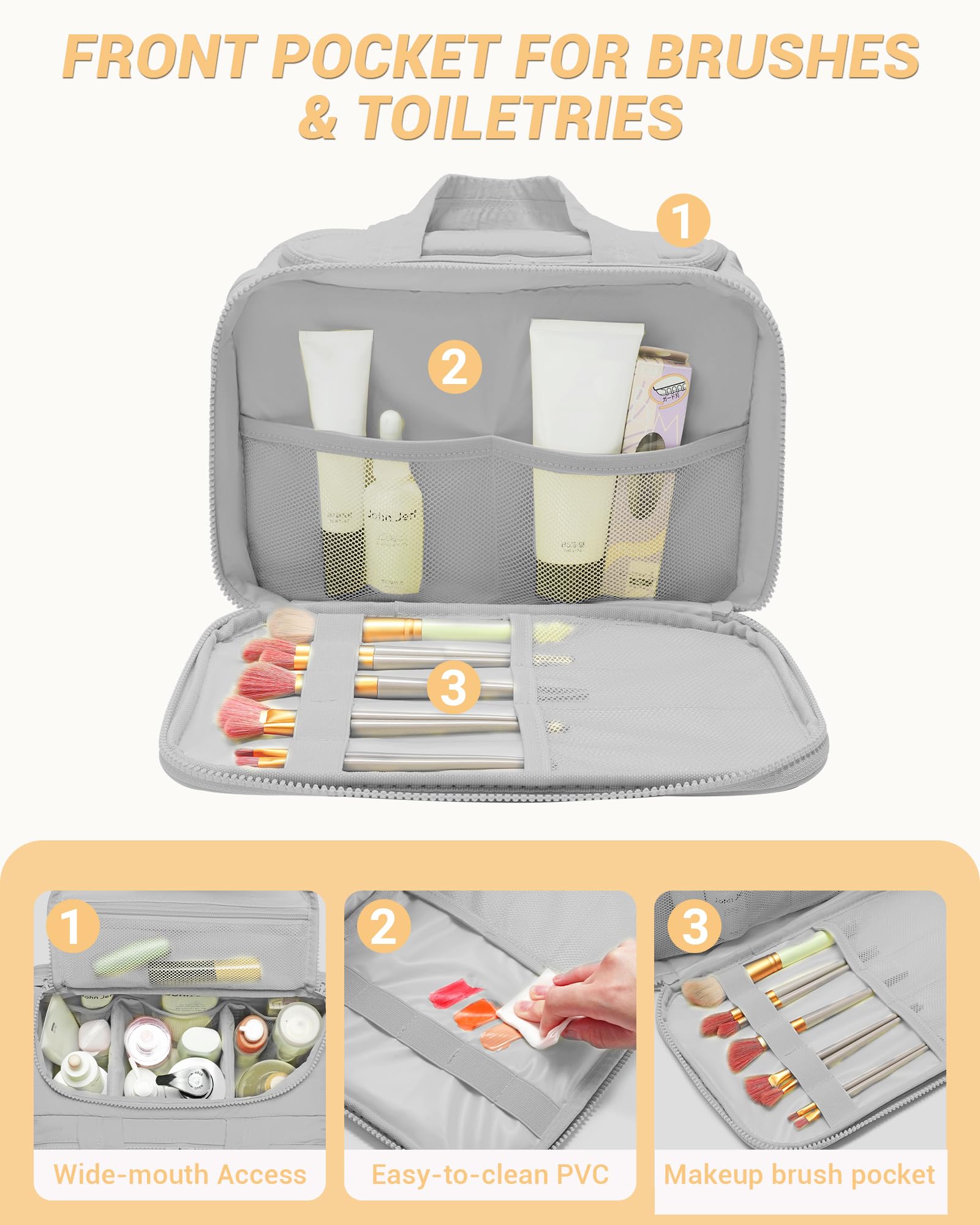Quilted Travel Toiletry Bag for Women - Lightweight Cosmetic Organizer with Handle for Makeup, Accessories & Essentials | Perfect for Vacation, Gym & Business Trips (Grey)