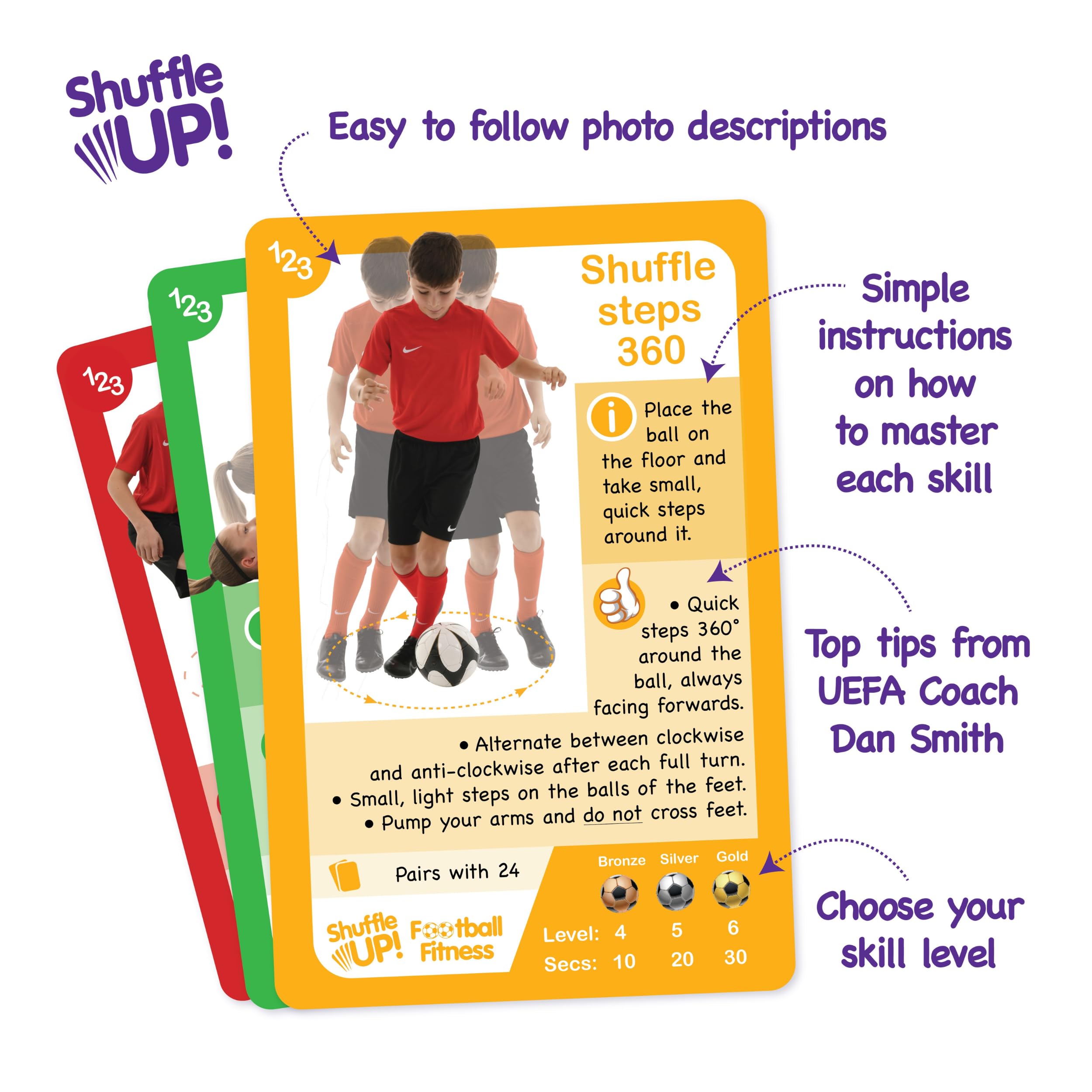 Shuffle Up Soccer Card Games - 70+ Fun & Active Skill Cards for Kids | Develop Soccer Fundamentals, Stamina & Strength | Includes 2 Dice & Multi-Level Cards | Perfect for Team Training, PE Classes & Family Game Night