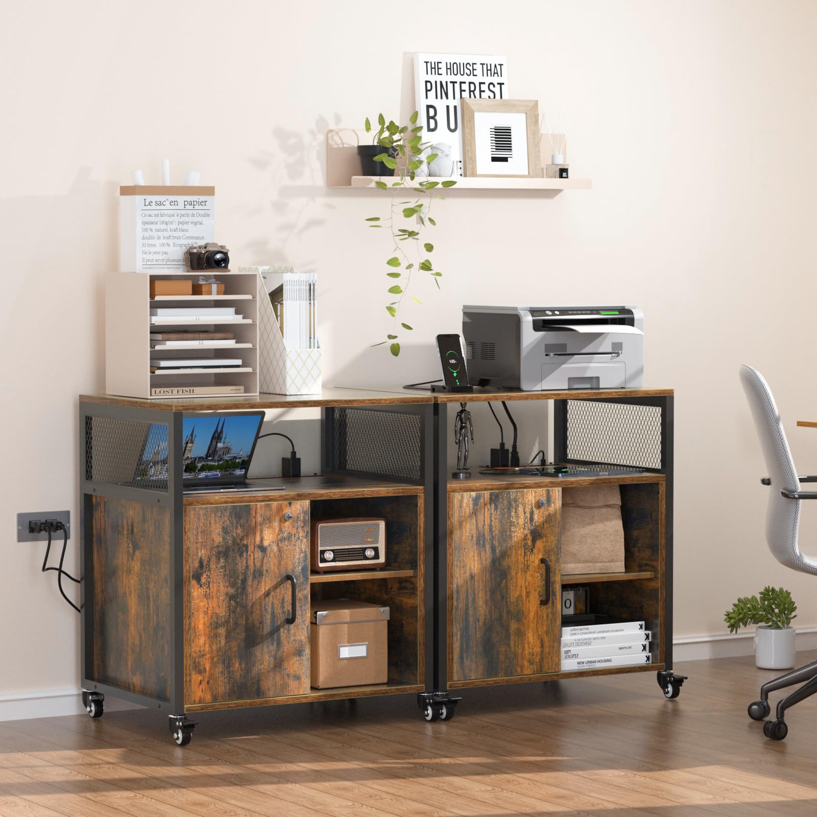 Locking Braking Wheels File Cabinet with Charging Station & Storage - Heavy Duty Mobile Filing Cabinet for Office & Home, A4 Letter Size Document Organizer - Perfect for Workspaces, Home Offices & Printer Stand Storage Solutions