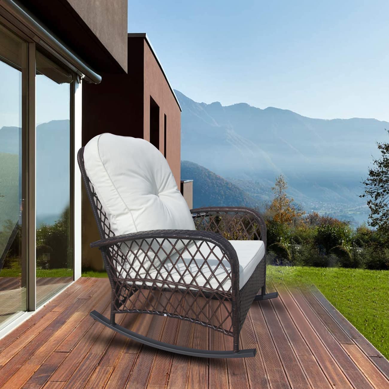 PE Rattan Rocking Chair with White Cushion - Modern Wicker Patio Furniture for Garden, Porch, Balcony & Indoor Use - Comfortable Rocking Motion - Perfect for Relaxing, Reading & Outdoor Lounging (1-Piece Set)