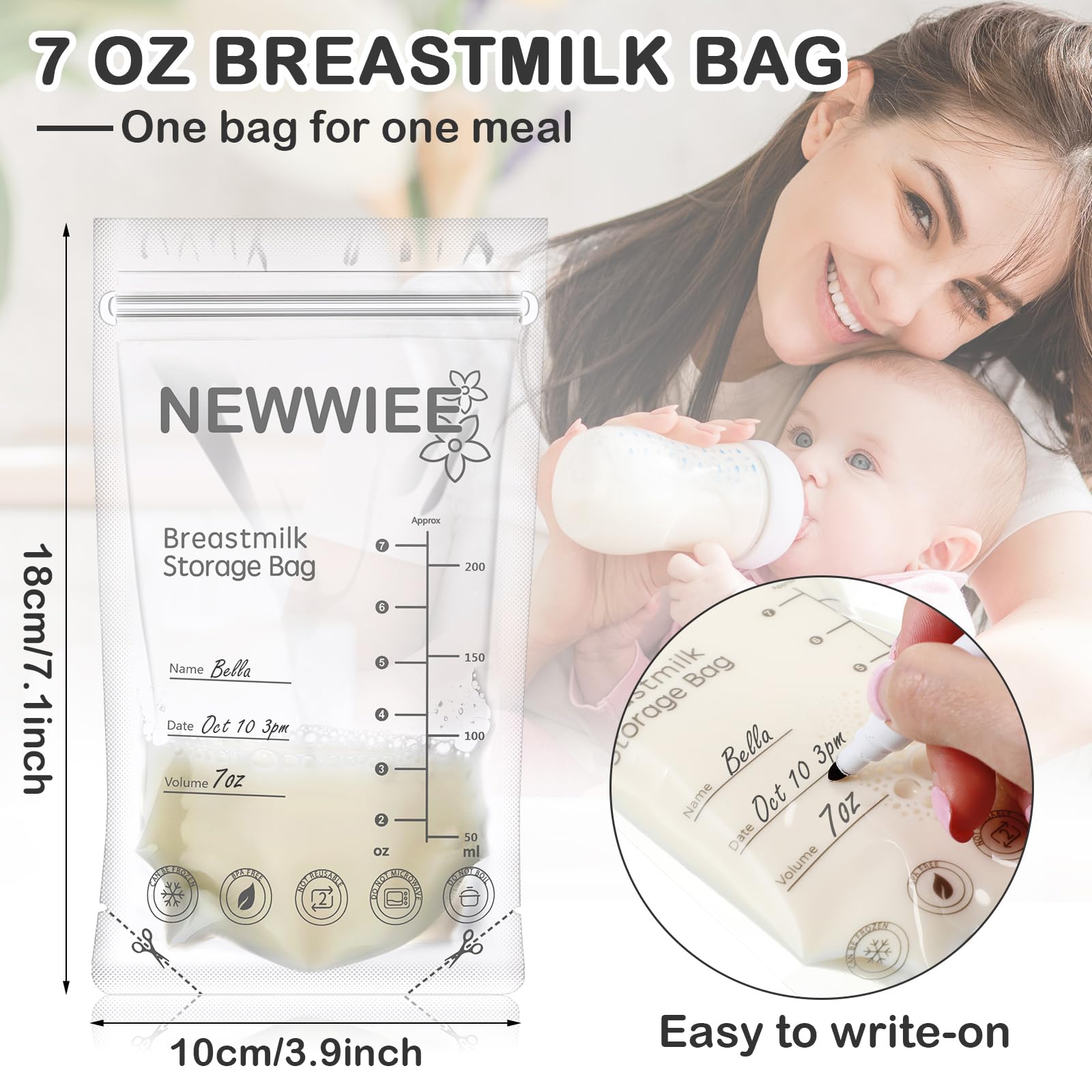 600 Count Breastmilk Storage Bags - 7oz Leakproof Freezer Bags for Breastfeeding Moms with Double Seal, Self Standing Design for Refrigeration & Freezing (Gray) - Perfect for Pumping, Storing & Organizing Breast Milk at Home or Work