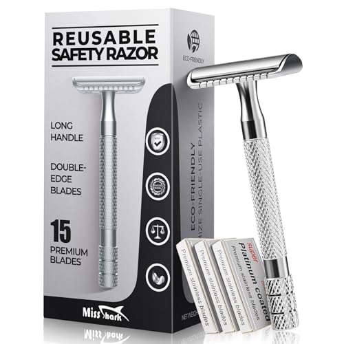 Premium Stainless Steel Safety Razor for Men with 15 Double Edge Blades - Long Handle Single Blade Razor for Smooth Shaving - Reduces Razor Burns & Irritation - Perfect for Travel, Gifts & Daily Shaving Routine - Silver