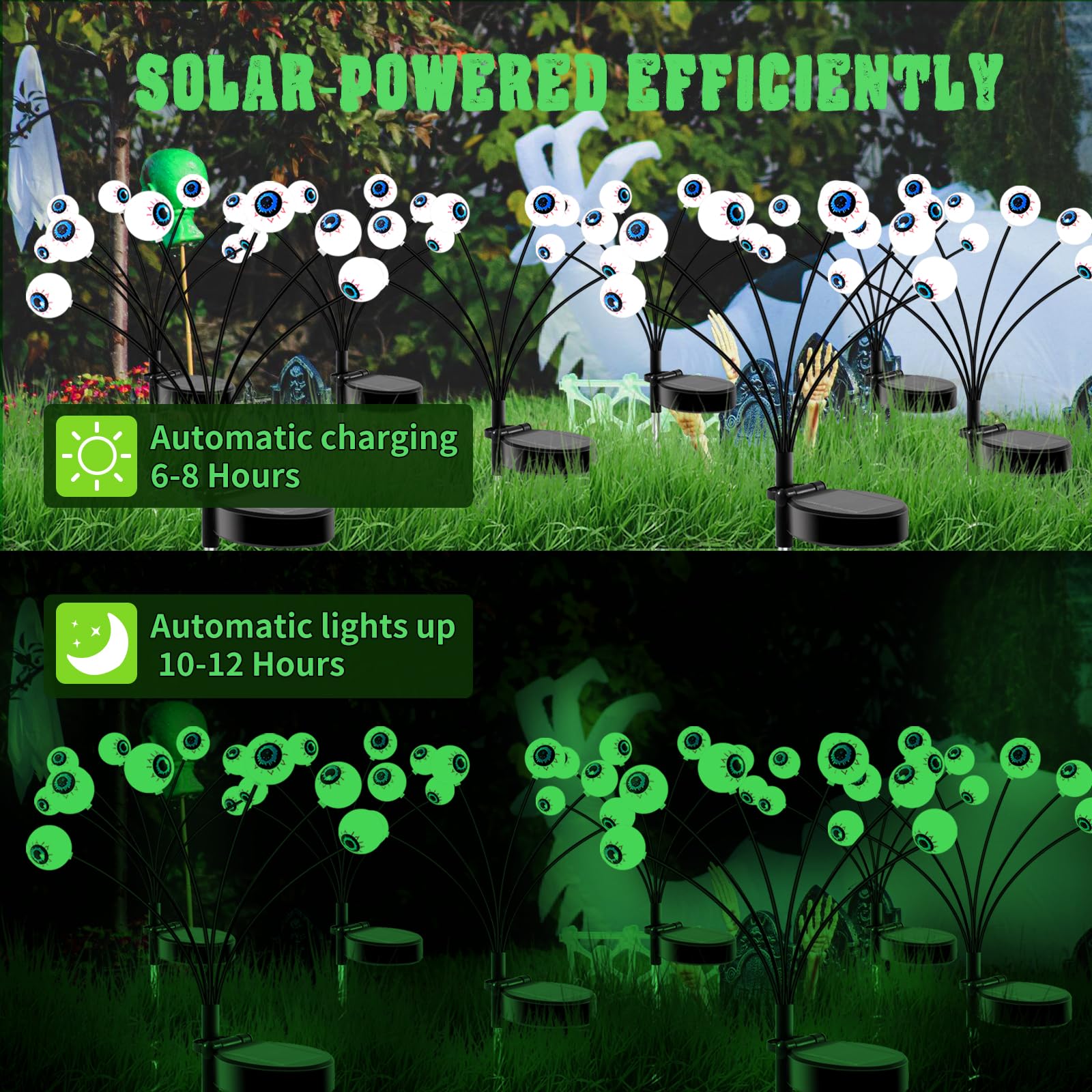 4 Pack 24LED Solar Powered Halloween Eyeball Lights - Waterproof Outdoor Scary Decor with 2 Lighting Modes for Yard, Garden, Lawn & Party | Perfect for Pathway Lighting & Spooky Halloween Atmosphere