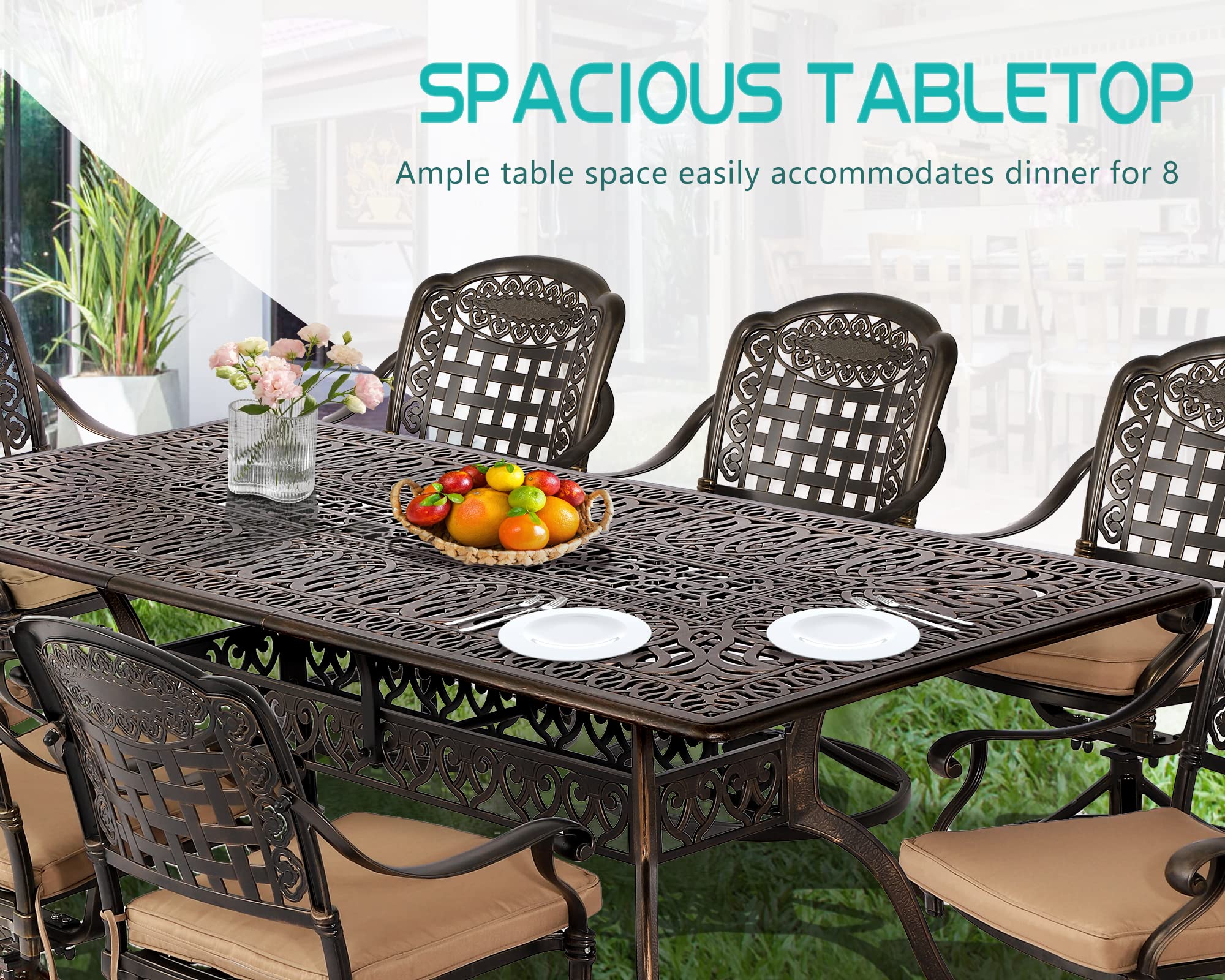 TITIMO 87 Inch Patio Dining Table - Durable Cast Aluminum Outdoor Rectangle Table with 2