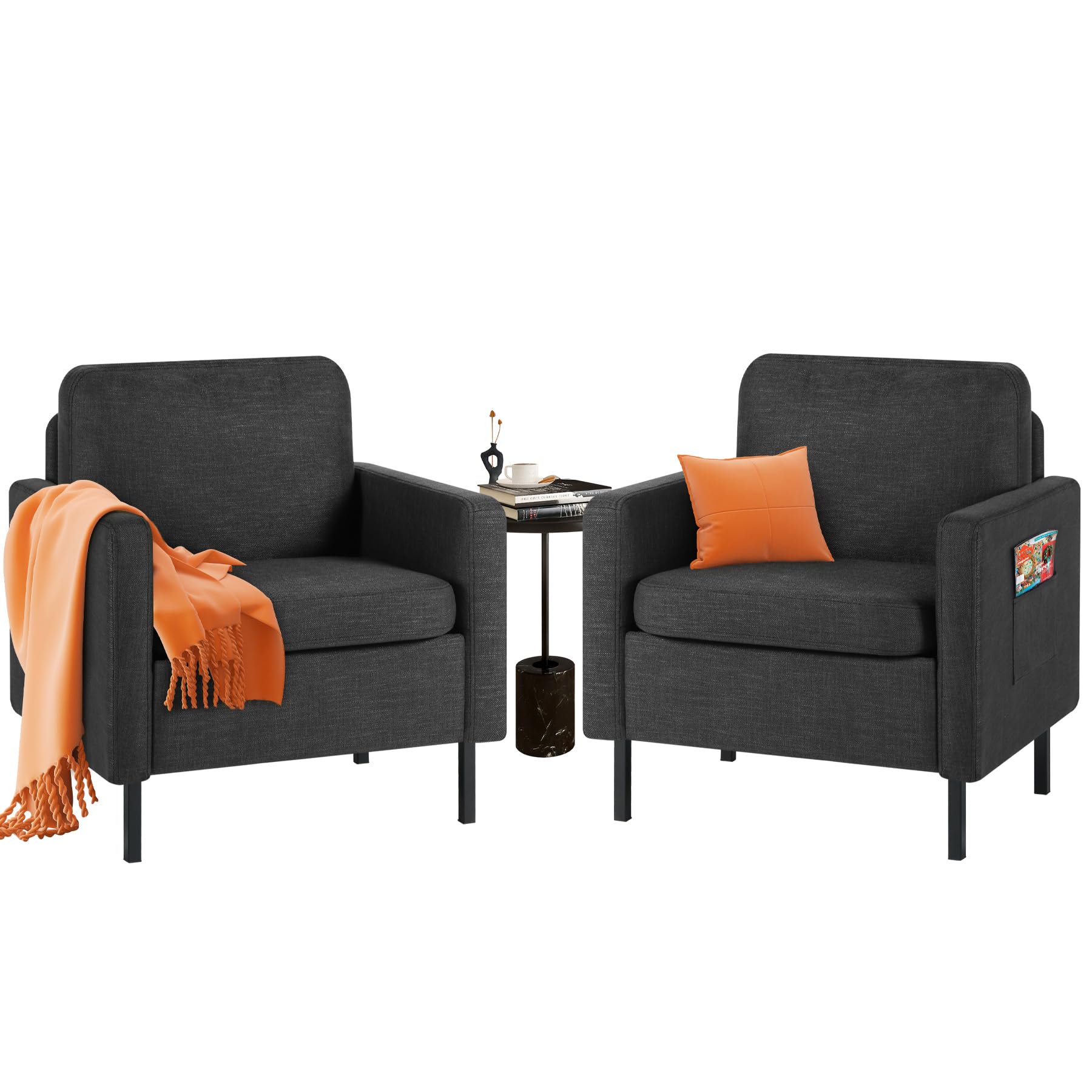 STHOUYN 2-Piece Fabric Accent Chair Set - Small Space Living Room, Bedroom & Office Armchair - Comfy Reading Chair for Adults - Dark Grey (Set of 2) - Perfect for Apartments, Dorms & Cozy Corners