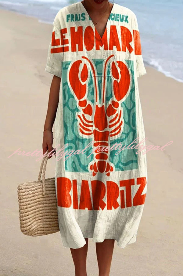 Stylish Marine Print V-Neck Short Sleeve Midi Dress for Women | Beach Vacation, Summer Party & Casual Outfit