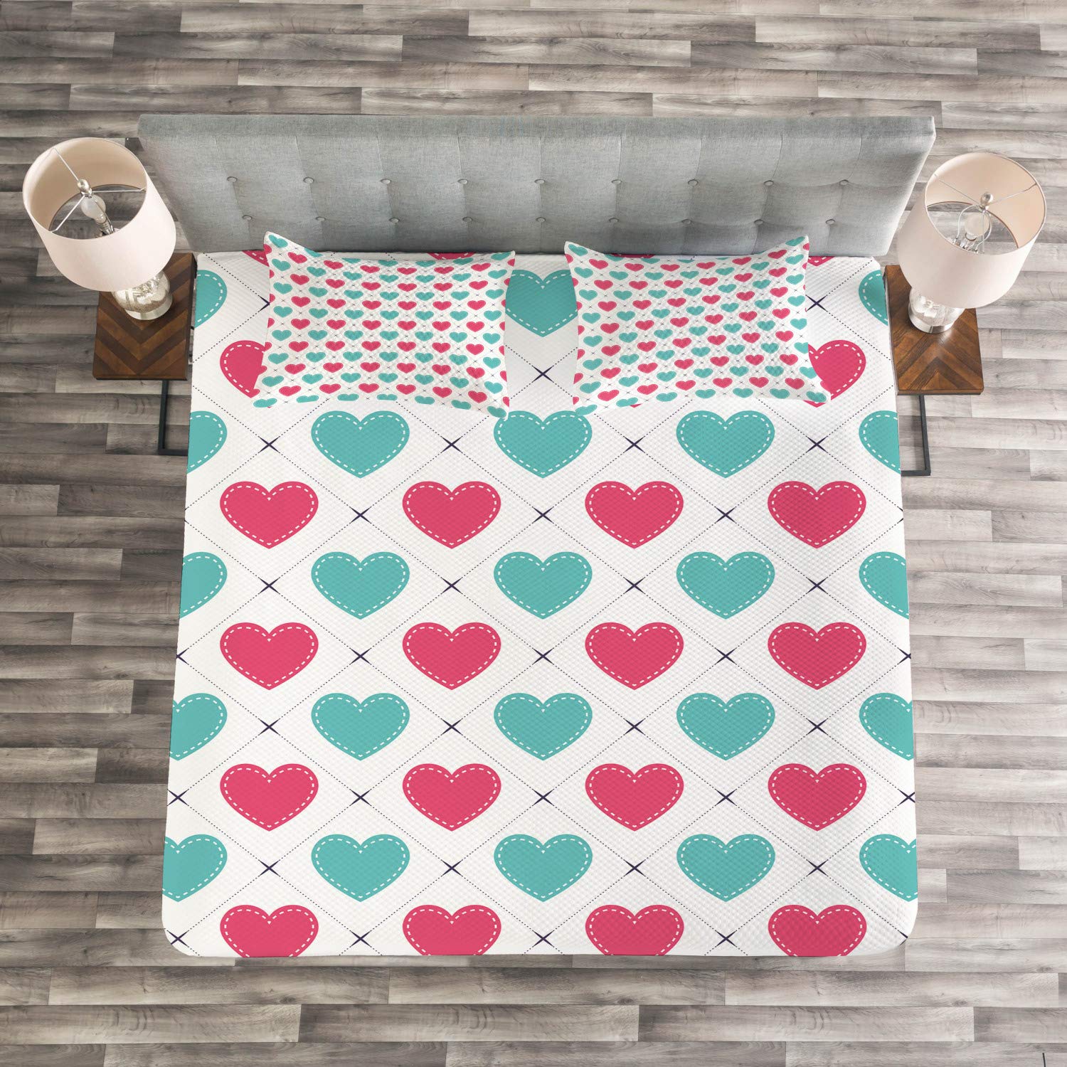 Ambesonne Valentine's Day King Size Bedspread Set - 3 Piece Quilted Coverlet with 2 Pillow Shams, Diagonal Heart Square Pattern in Seafoam Dark Coral | Romantic Bedroom Decor for Couples Gift