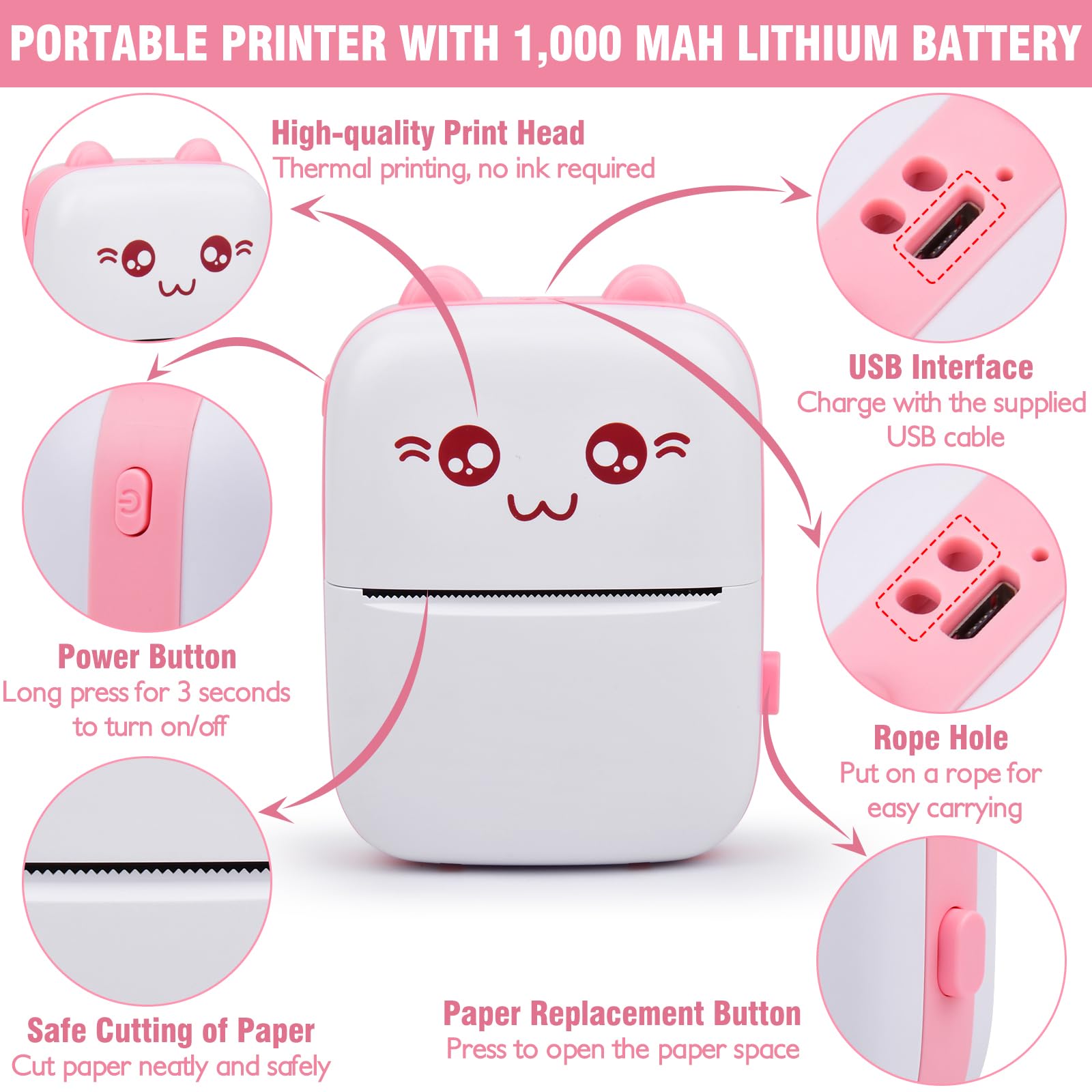Eschen Pocket Mini Printer - Portable Wireless Thermal Printer for iOS & Android, 6 Rolls Inkless Printing Paper Included - Print Labels, Receipts, Stickers, Photos, Lists & Notes - Perfect for Home, Office, Travel & Gift Giving (Pink)