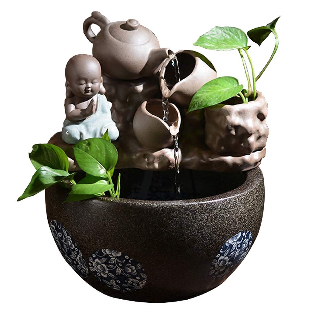 NYKK Indoor Tabletop Fountain with Small Monk & Tilting Teapot - Desktop Decoration, Buddha Culture Fountain with Pump & Atomizing Humidifier for Home Office Meditation Relaxation
