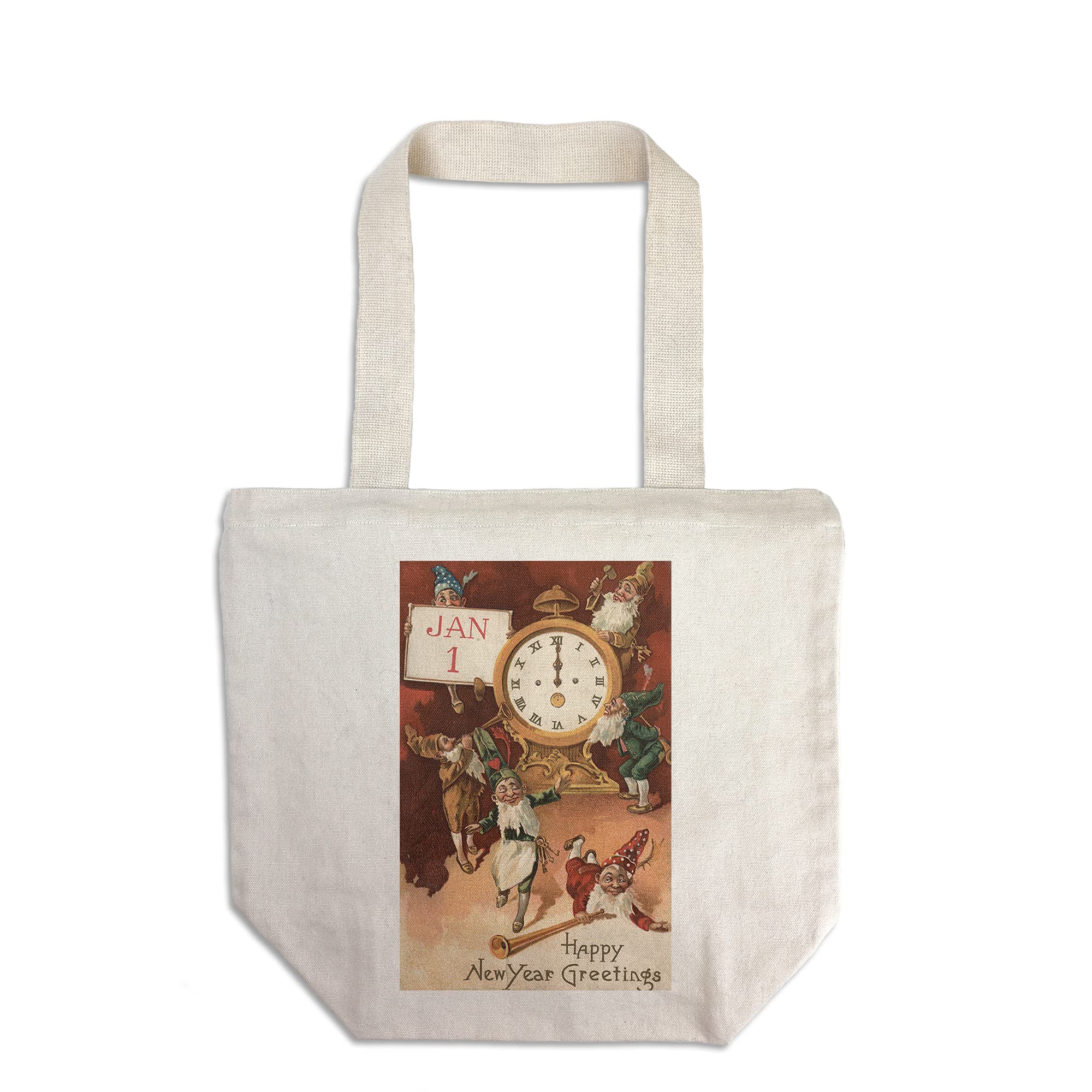Lantern Press Vintage Holiday Art Tote Bag - Happy New Year Gnomes Partying Around Clock - 100% Cotton Canvas Reusable Shopping Bag for Groceries, Beach, Work & Gifts