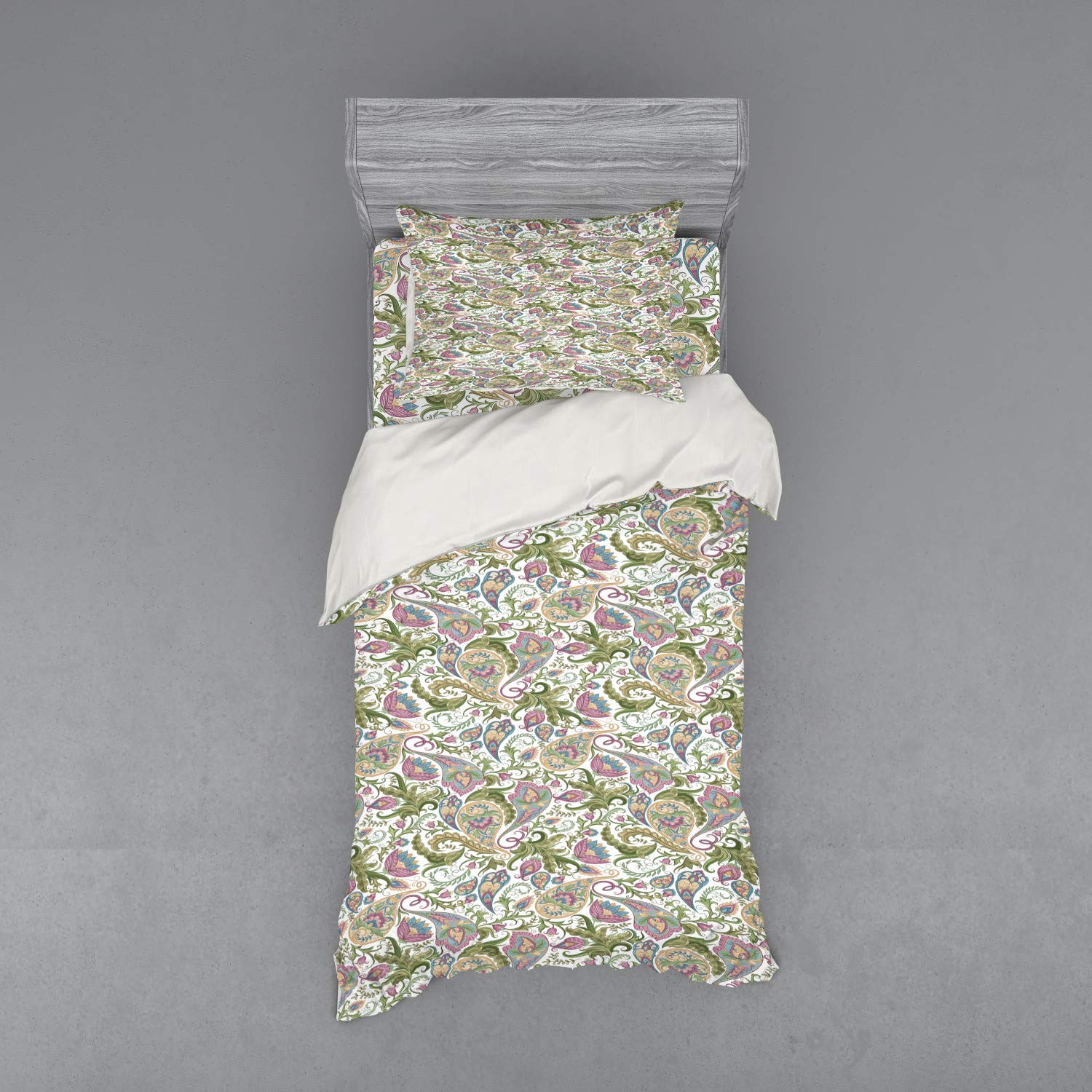 Ambesonne Paisley Duvet Cover Set - Vintage Boho Floral Design with Tulips, Leaves & Petals, 3-Piece Bedding Set (Twin Size, Green Blue Purple White) for Bohemian & Eclectic Bedroom Decor