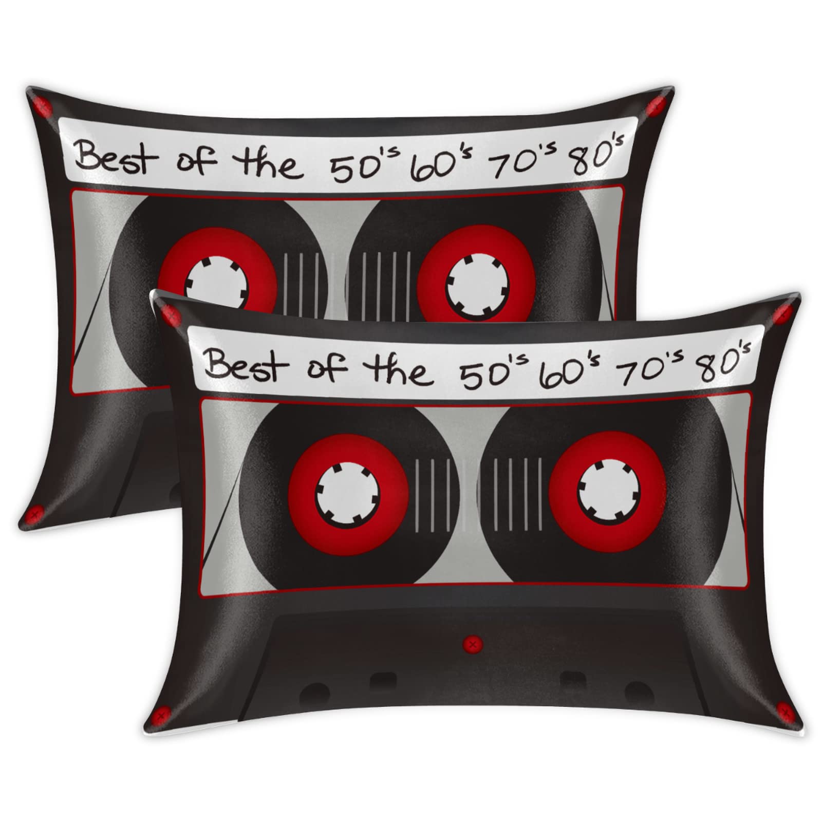 Set of 2 King Size Satin Pillowcases for Hair & Skin Care - Vintage Retro Cassette Tape Design, Cooling Silk Pillow Covers with Envelope Closure | Perfect for Bedroom Decor, Gift Idea & Hot Sleepers