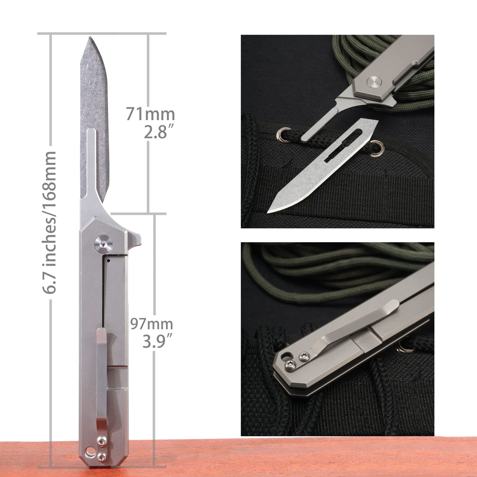 T37 Titanium Folding Pocket Scalpel Knife - 6pcs 440C #60 Blades, Compact Slim EDC Utility Knife with Pocket Clip for Camping, Hiking & Everyday Carry (EDC)