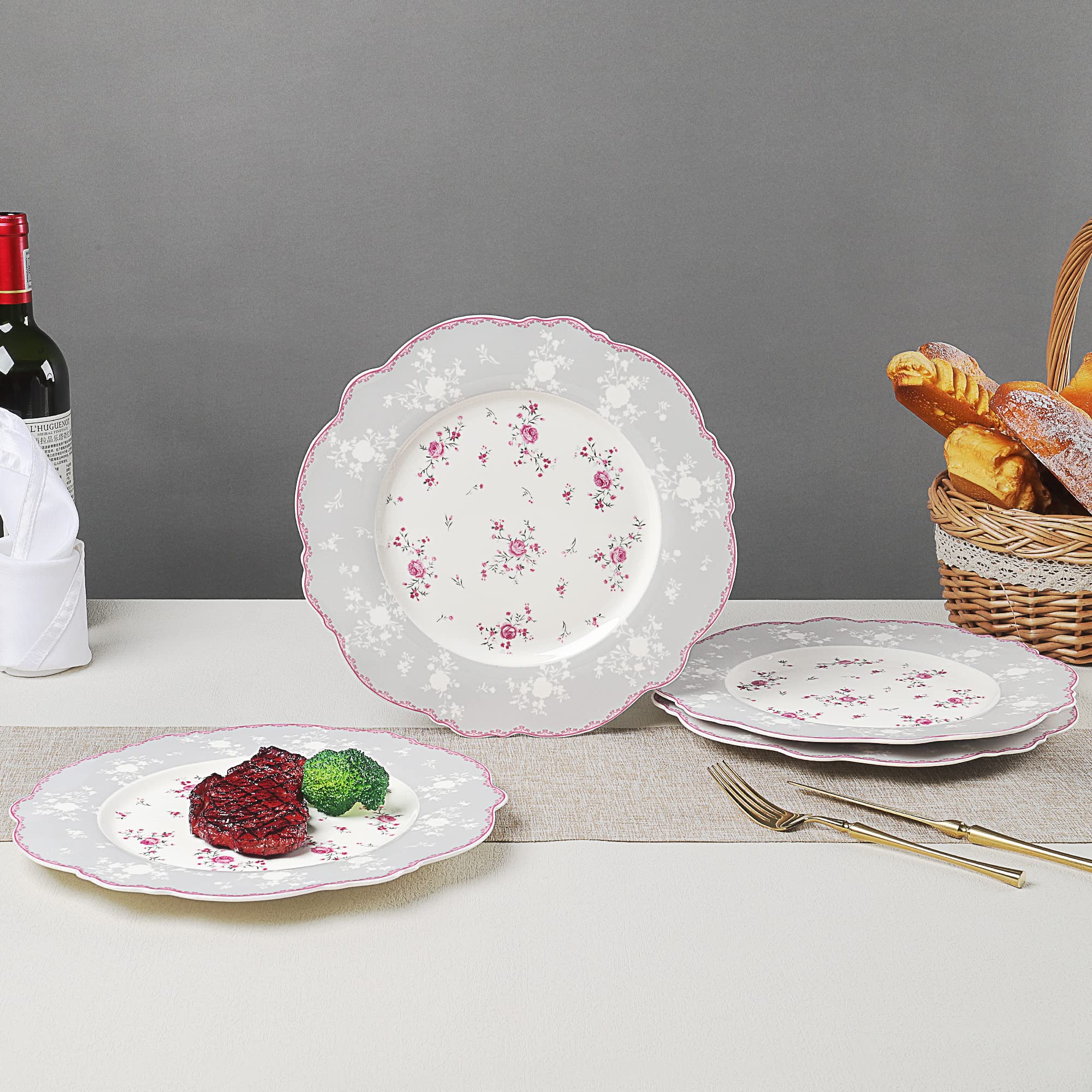Fanquare 10 Inch Porcelain Dinner Plates Set of 4 - Elegant Lace Design Plates for Salad, Pasta, Soup & Dessert - Romantic Pink Roses Pattern - Perfect for Dinner Parties, Wedding Receptions & Home Decor