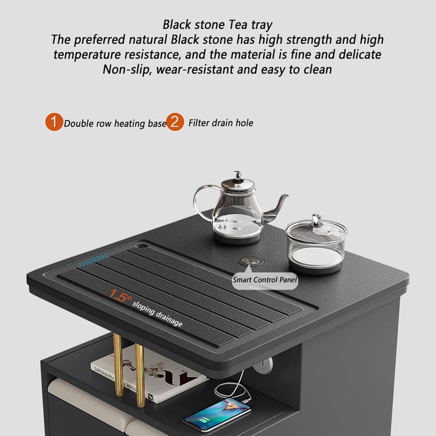 Smart Coffee Table with Touch Screen Boiling System - Luxury Mobile Tea Cart with 3 USB Ports & 2 Storable Footrests - Perfect for Living Room, Office & Home Entertainment