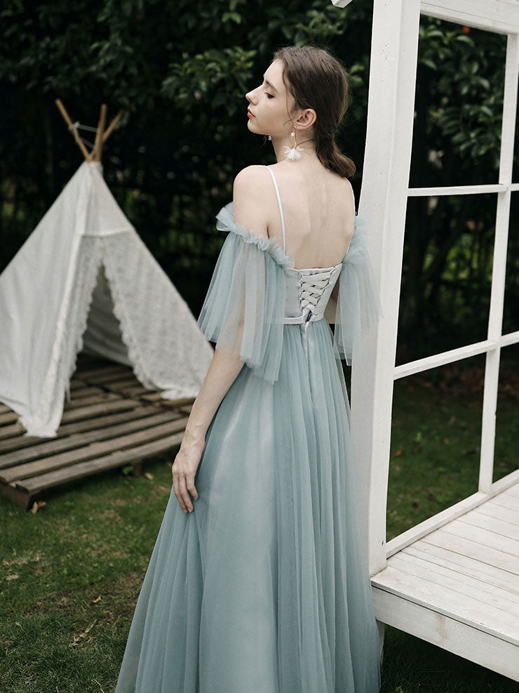Elegant Green Tulle A-Line Long Prom Dress & Bridesmaid Gown - Perfect for Formal Dances, Weddings, and Special Occasions