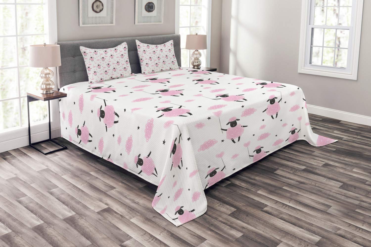 Lunarable King Size Sheep Bedspread Set - 3 Piece Cotton Candy Animal Fur Abstract Print Quilted Coverlet with 2 Pillow Shams, Soft White Pale Pink - Cozy Bedroom Decor for Modern Farmhouse & Bohemian Style Homes