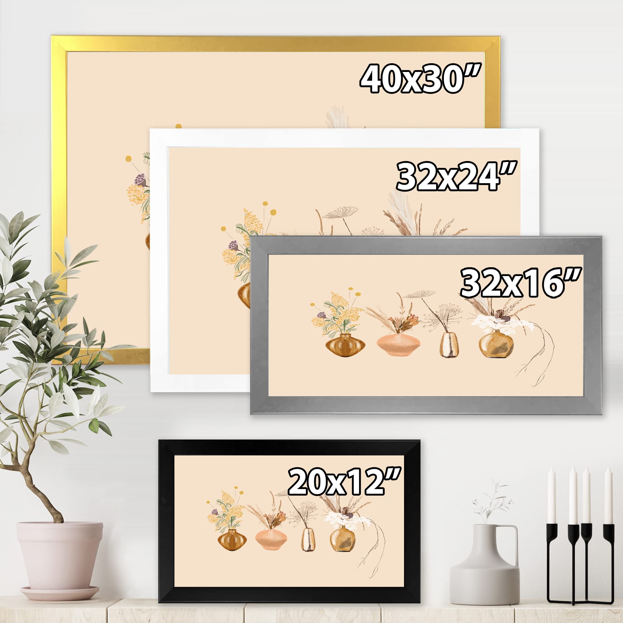 Bouquets of Wildflowers in Gold Vases - Traditional Framed Wall Art for Living Room, Bedroom & Office Decor