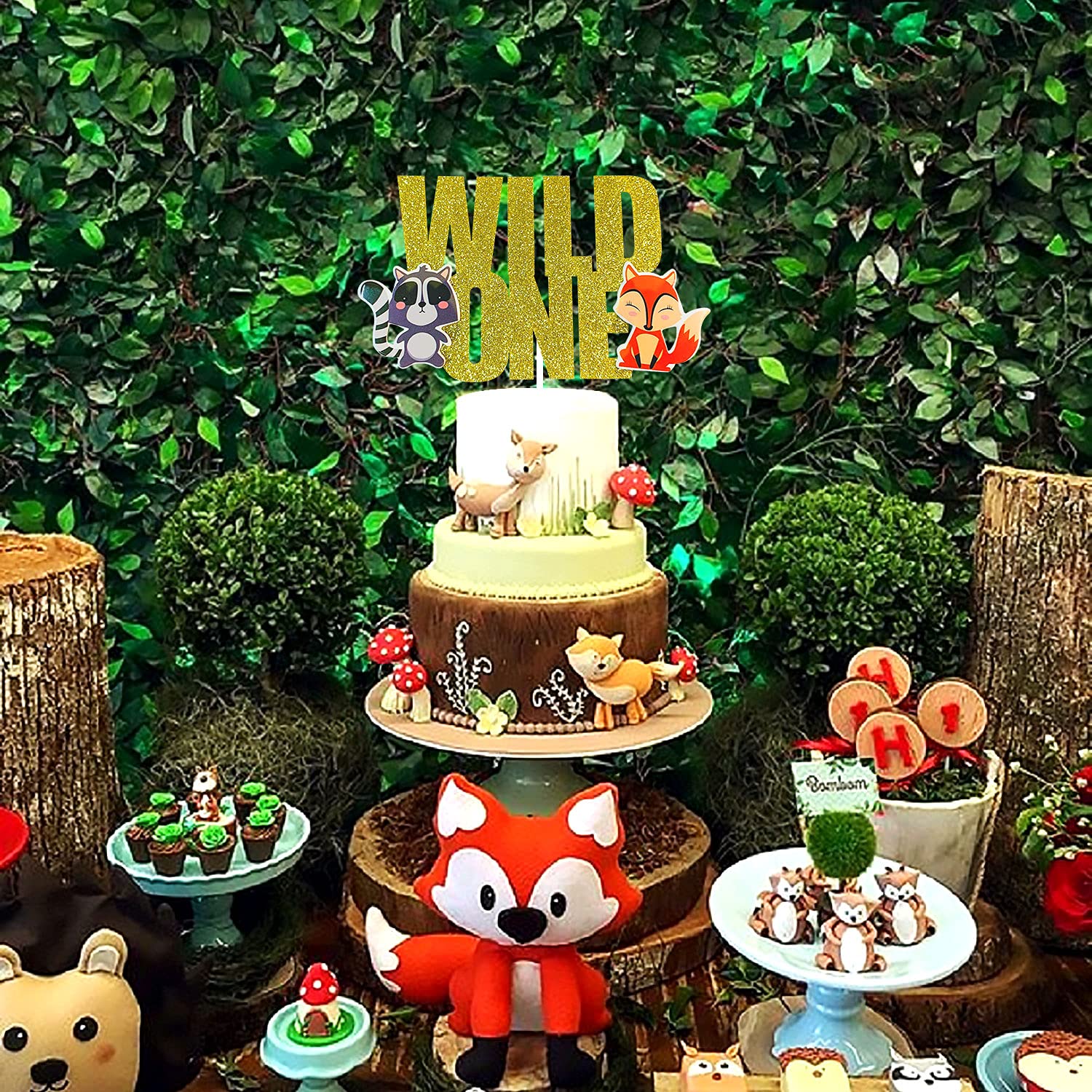 LaVenty Glitter Woodland Animals Cake Topper Set - Fox, Deer & Hedgehog - Wild One First Birthday Party Decorations - Perfect for Baby Shower, Gender Reveal & Forest Theme Cakes