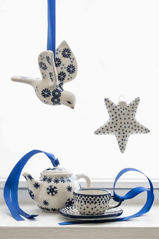 Handmade Blue Rose Polish Pottery Teapot - Snow Flurry Christmas Ornament for Tree Decor, Gift & Holiday Home Decoration