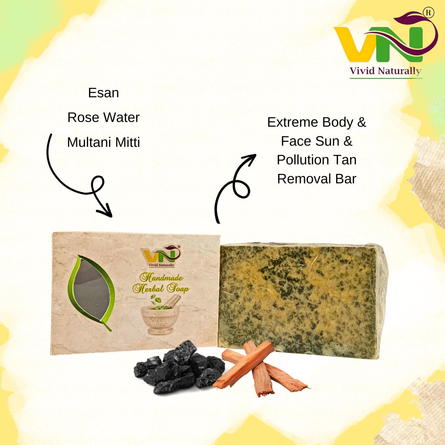 Vivid Naturally Handmade Detan Charcoal Fusion Bar - Goat Milk Natural Soap for Tan Removal & Oil Control | Activated Charcoal, Besan, Chandan & Multani Mitti | 105g | Perfect for Daily Skincare, Men & Women