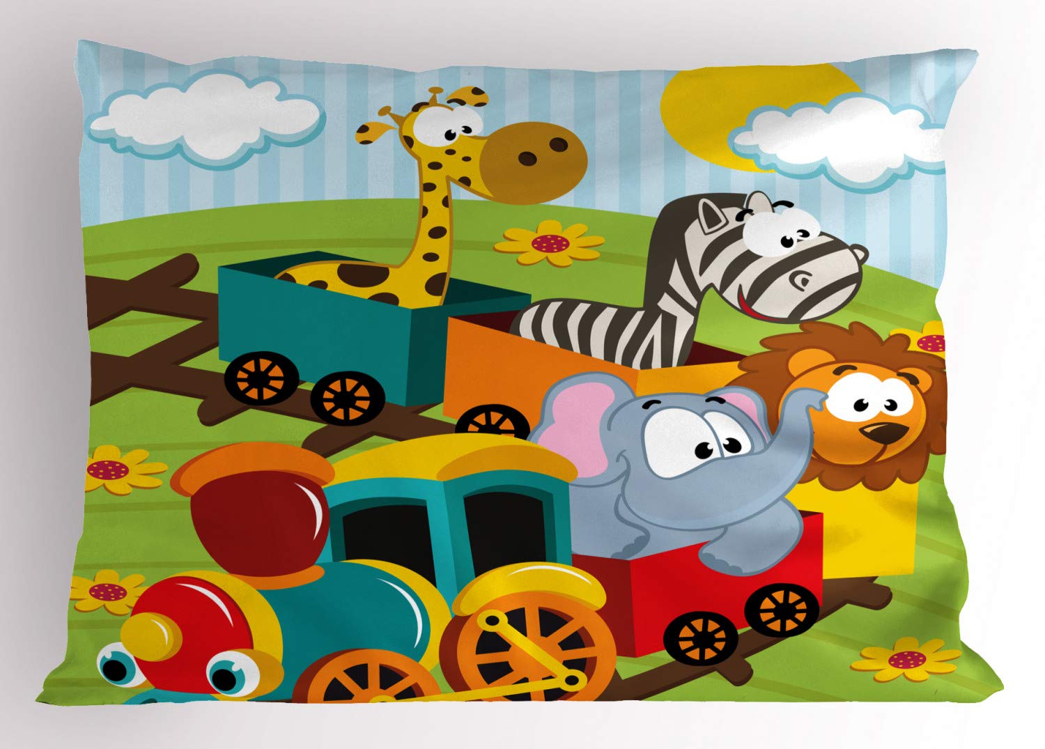 Ambesonne Animal Pillow Sham - Cartoon Savannah Wild Animals Train Print with Striped Backdrop, Decorative Standard Size 30