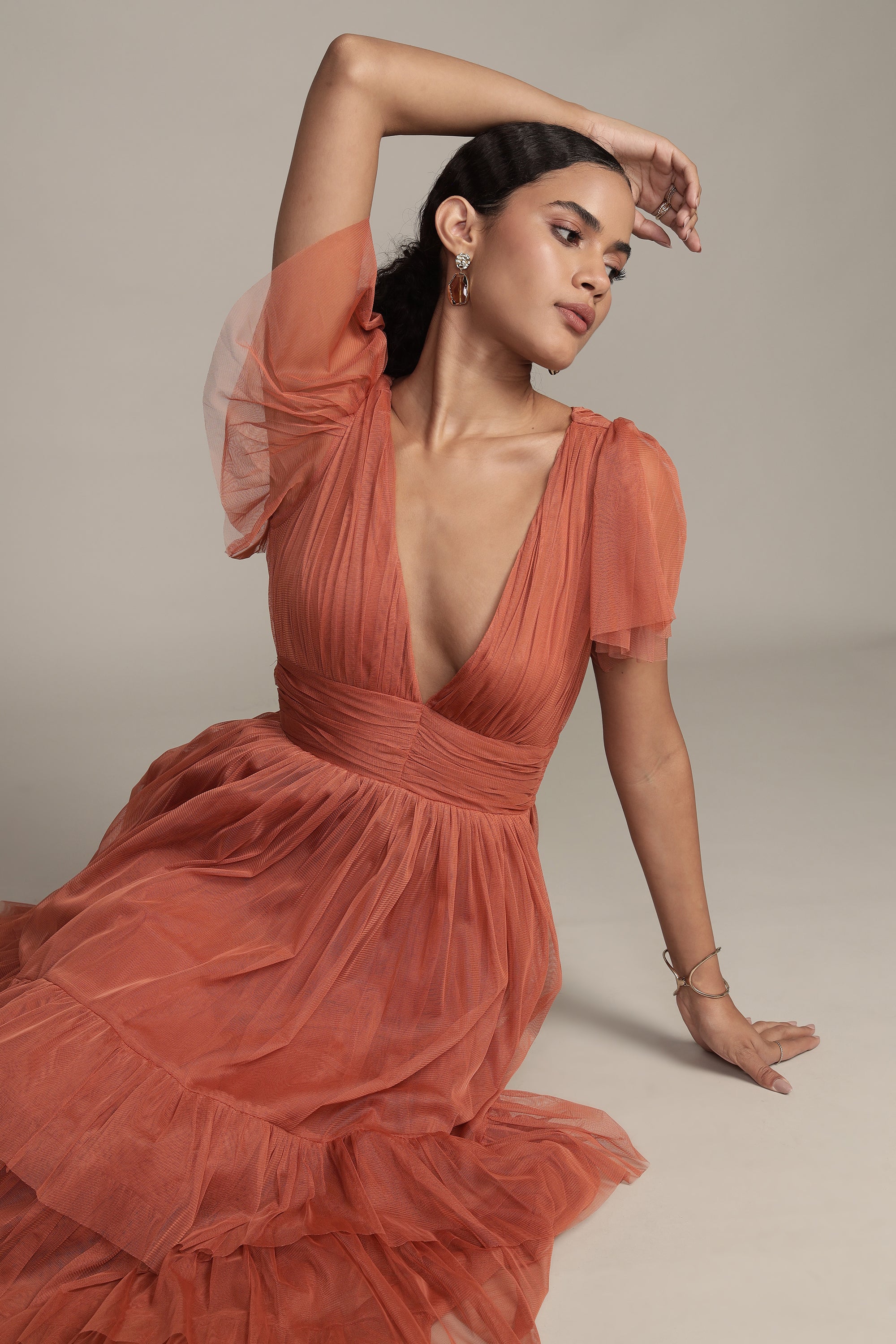 Madison Terracotta Pink Tulle Bridesmaid Midi Dress - Elegant Wedding Party Gown for Bridesmaids, Formal Events & Special Occasions