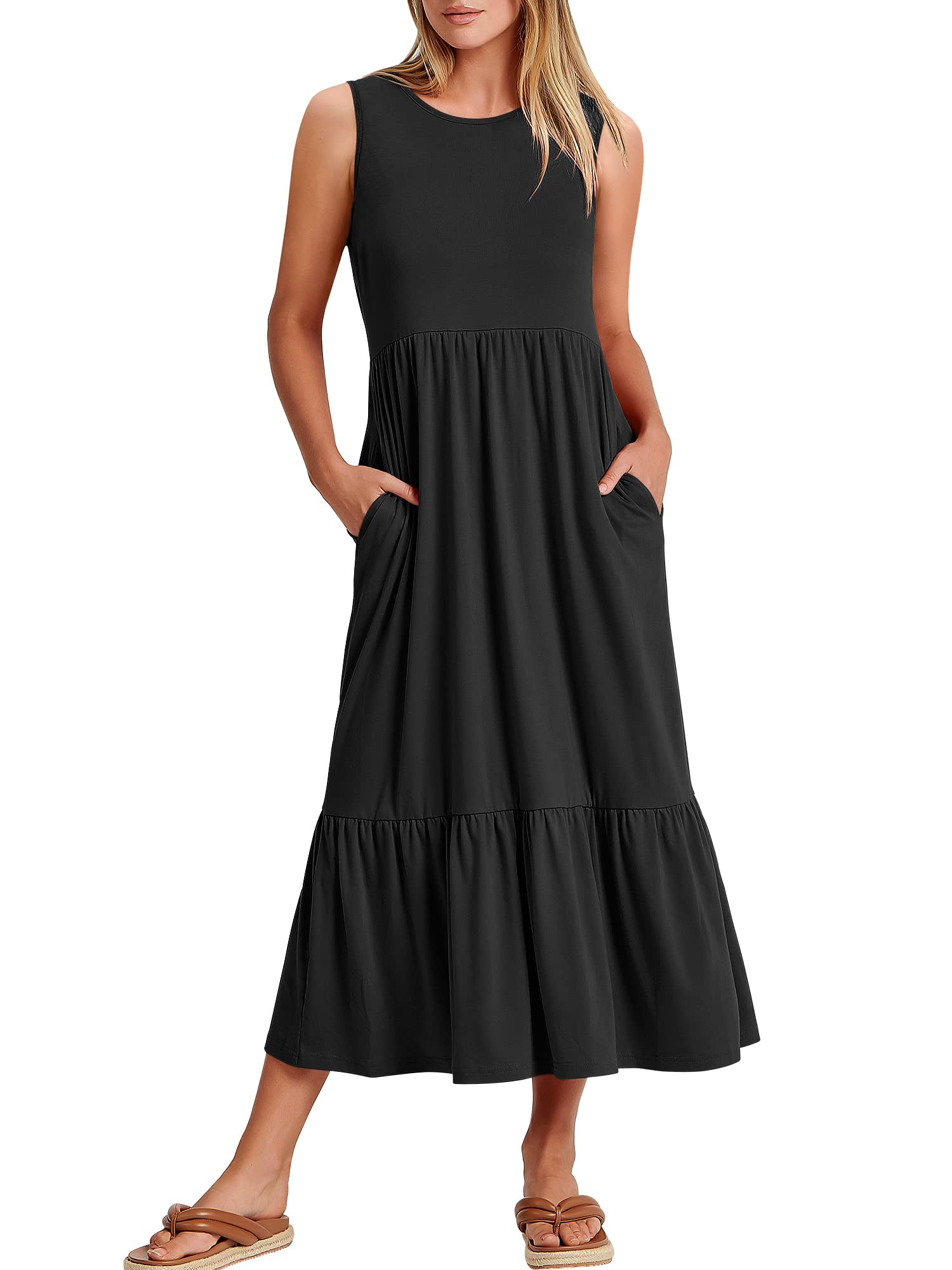 ANRABESS Women's Summer Sleeveless Crewneck Sundress - Flowy A-Line Tiered Maxi Beach Dress for Vacation, Casual Wear, and Outdoor Activities