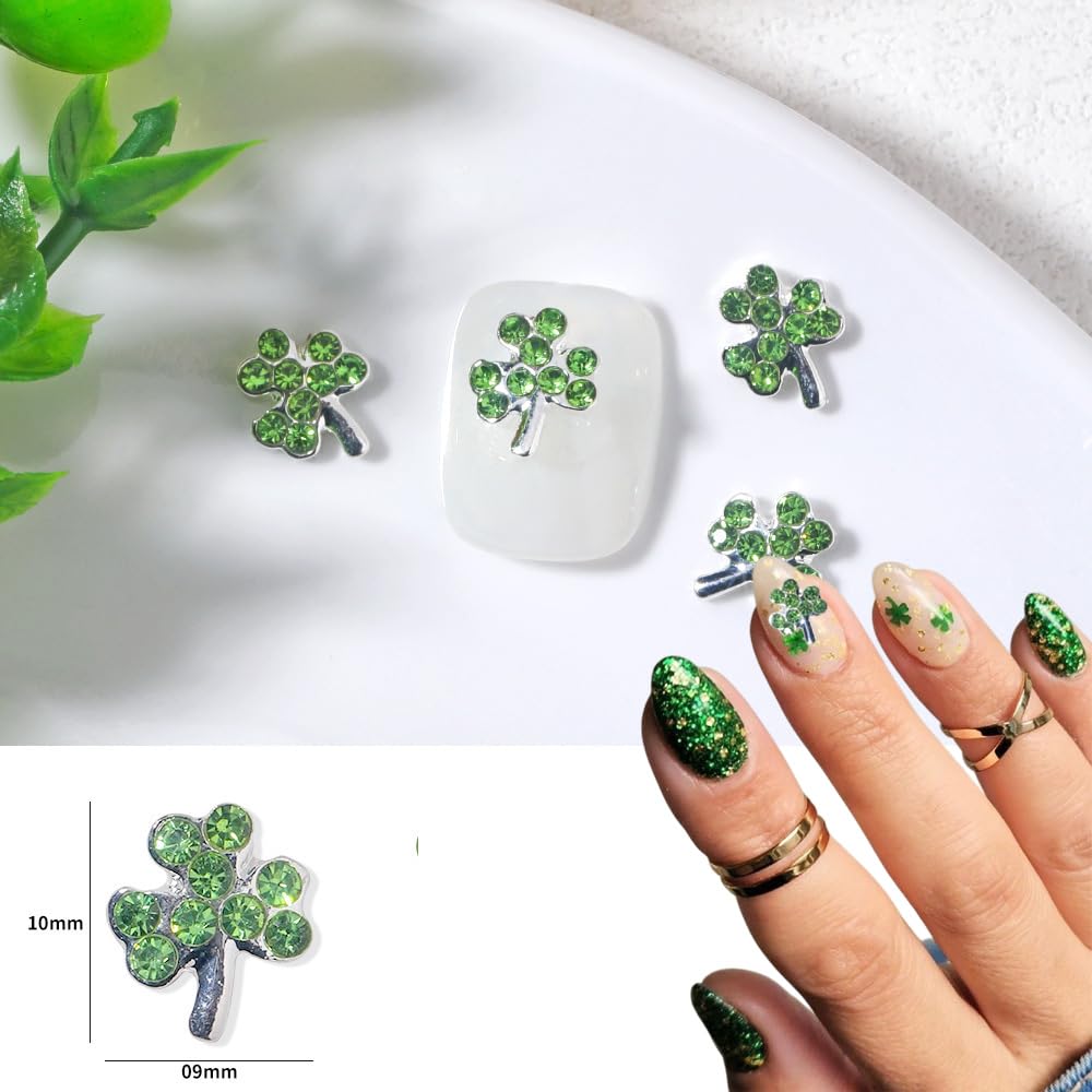 20Pcs St. Patrick's Day 3D Alloy Nail Charms - Green Shamrock Rhinestones, Gold Silver Glitter Nail Art Decorations for Women | Irish Nail Gems for Acrylic Manicure, Salon & DIY Nail Art | Perfect for St. Patrick's Parties, Nail Art Competitions & Festive Celebrations
