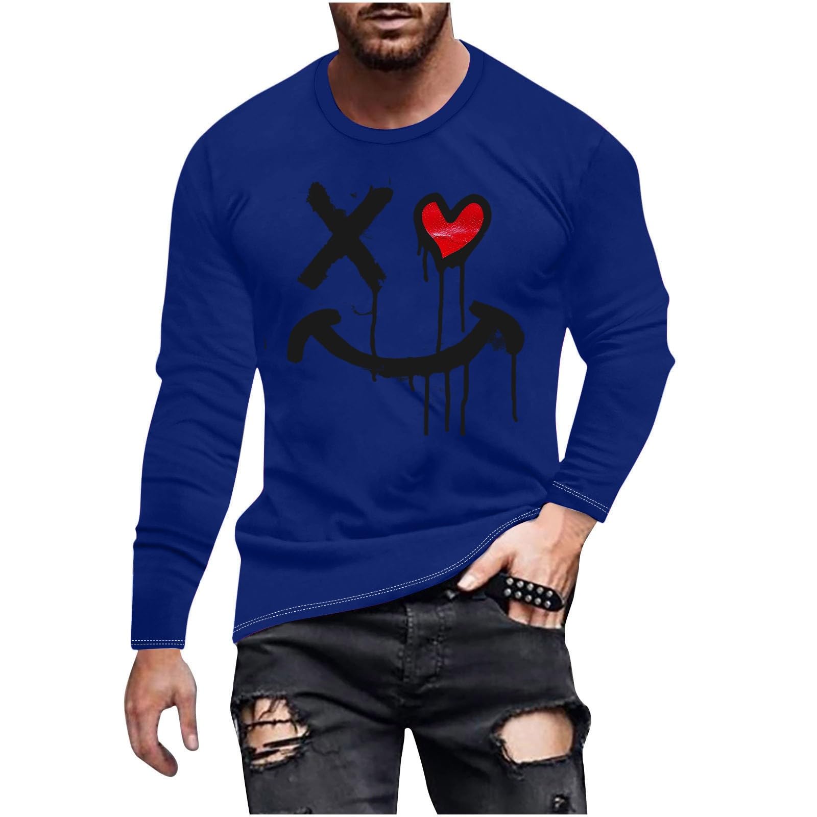 Men's Halloween Long Sleeve T-Shirt - Funny Smiley Face Graphic Novelty Tee for Costume Parties & Spooky Events